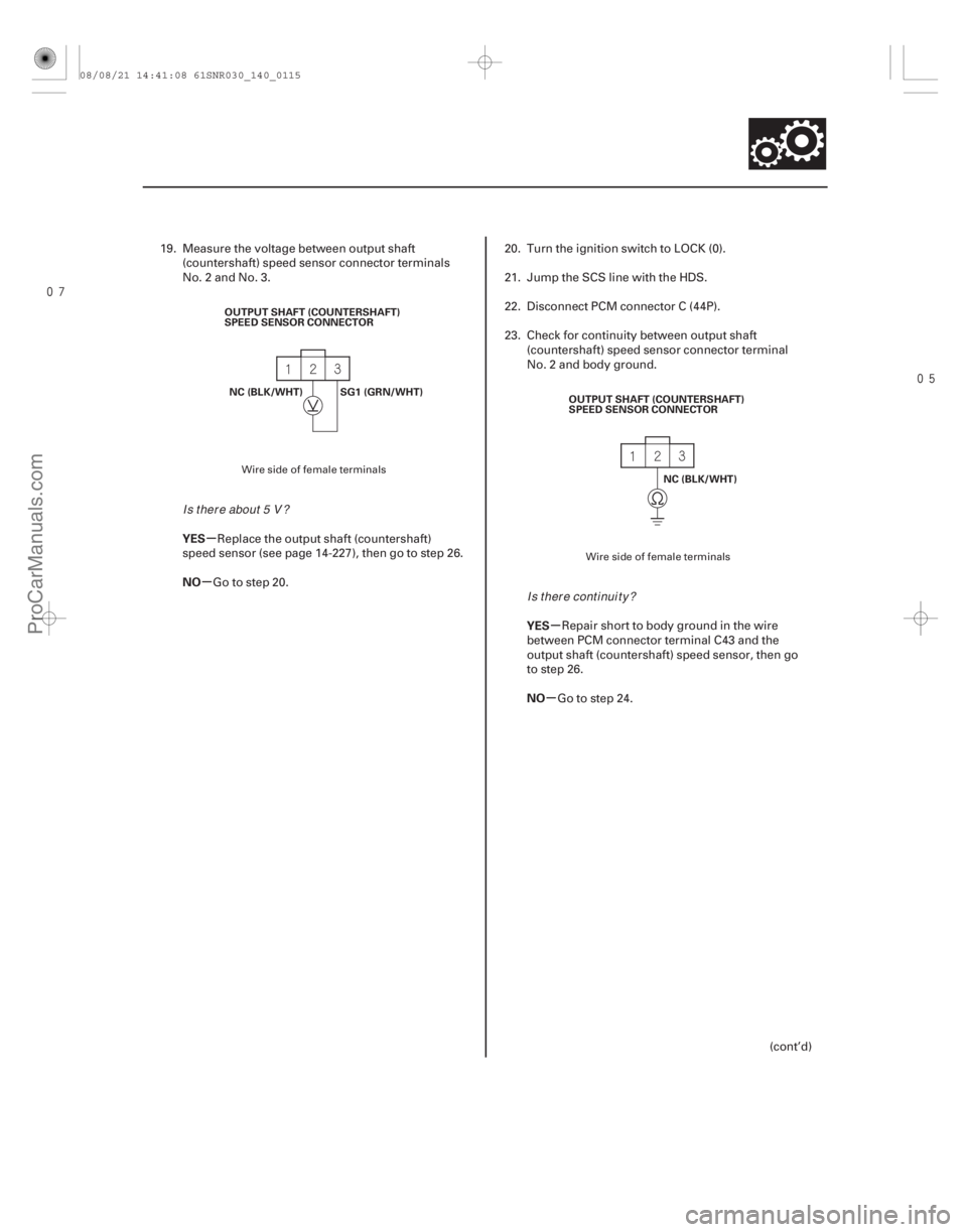 ACURA CSX 2006  Service Repair Manual 
µ
µ µ
µ
YES
NO
YES
NO
14-113
OUTPUT SHAFT (COUNTERSHAFT)
SPEED SENSOR CONNECTOR
NC (BLK/WHT) SG1 (GRN/WHT) OUTPUT SHAFT (COUNTERSHAFT)
SPEED SENSOR CONNECTOR
NC (BLK/WHT)
19. Measure 