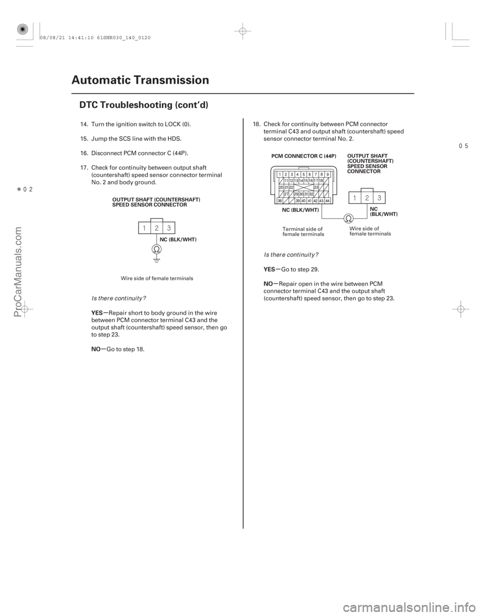 ACURA CSX 2006  Service Repair Manual Î
µ
µ µ
µ
YES
NO YES
NO
14-118Automatic Transmission
DTC Troubleshooting (cont’d)
OUTPUT SHAFT (COUNTERSHAFT)
SPEED SENSOR CONNECTOR
NC (BLK/WHT) OUTPUT SHAFT
(COUNTERSHAFT)
SPEED 