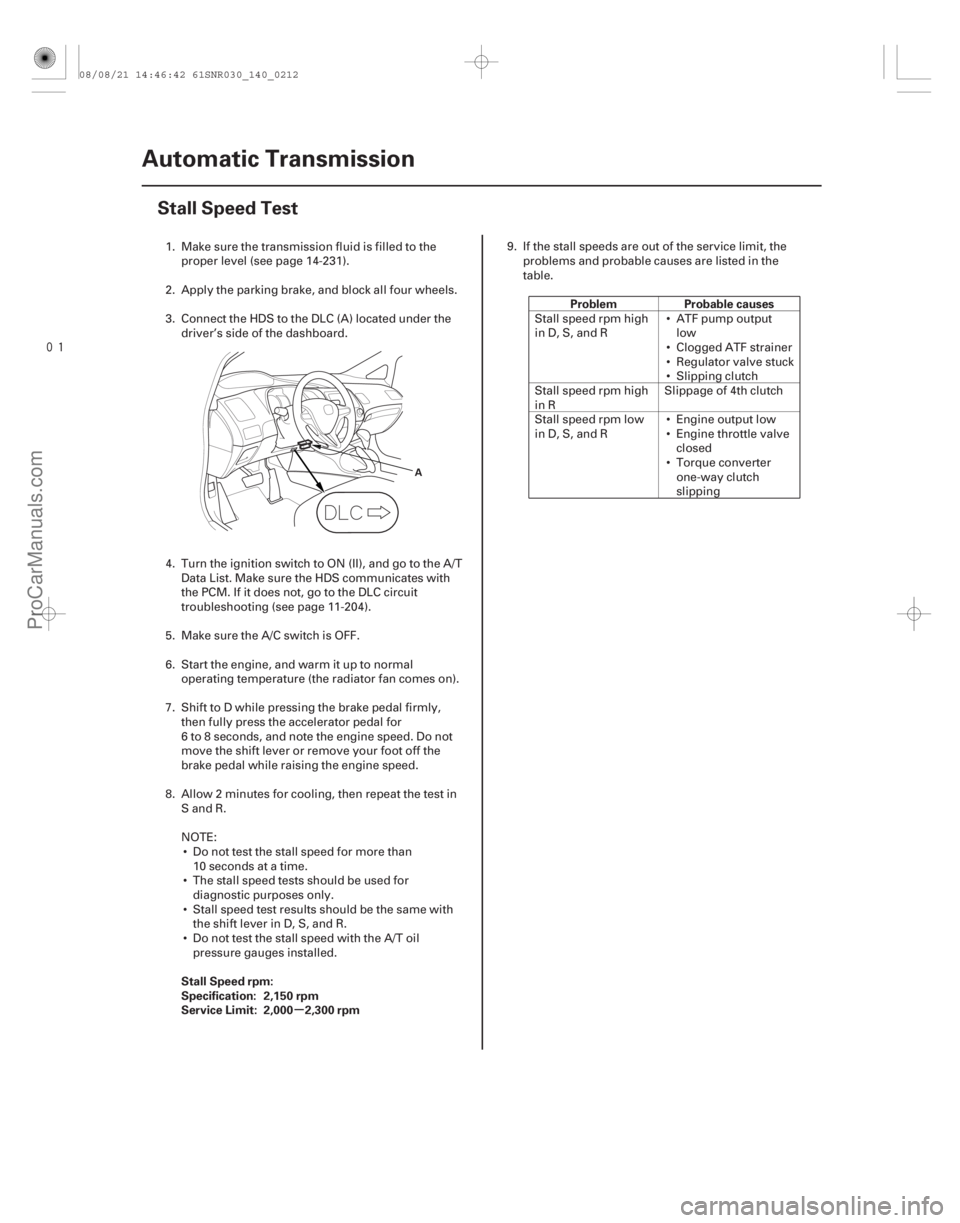 ACURA CSX 2006  Service Repair Manual 
(#

)
µ
Stall Speed rpm:
Specification: 2,150 rpm
Service Limit: 2,000 2,300 rpm Problem Probable causes
14-210
Automatic Transmission
Stall Speed Te
