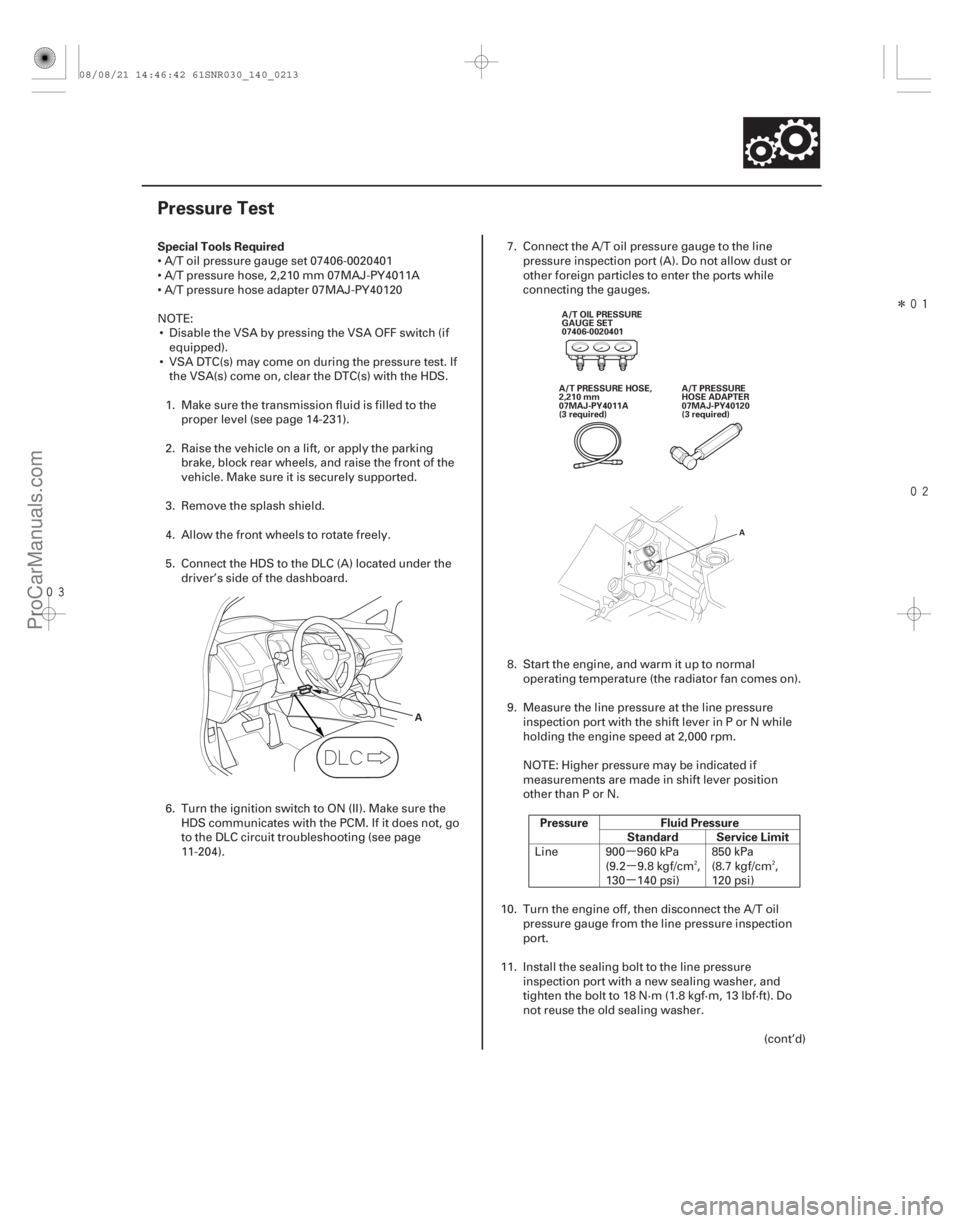 ACURA CSX 2006  Service Repair Manual µµ
µ
 Î

(#


)
Special Tools Required
Pressure Fluid PressureStandard Service Limit
14-211
Pressure Test
A
A/T OIL PRESSURE
GAUGE SET
0