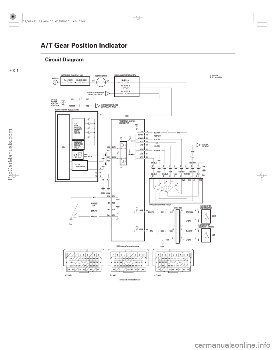 ACURA CSX 2006  Service Repair Manual Î
(#


)
Ó
Ú
Ø ´
µ µ
14-264
A/T Gear Position Indicator
Circuit Diagram
22
36 444342 27 28 30 33 34 35
3225
20 21 22 16 1817
13 14 15
1211 