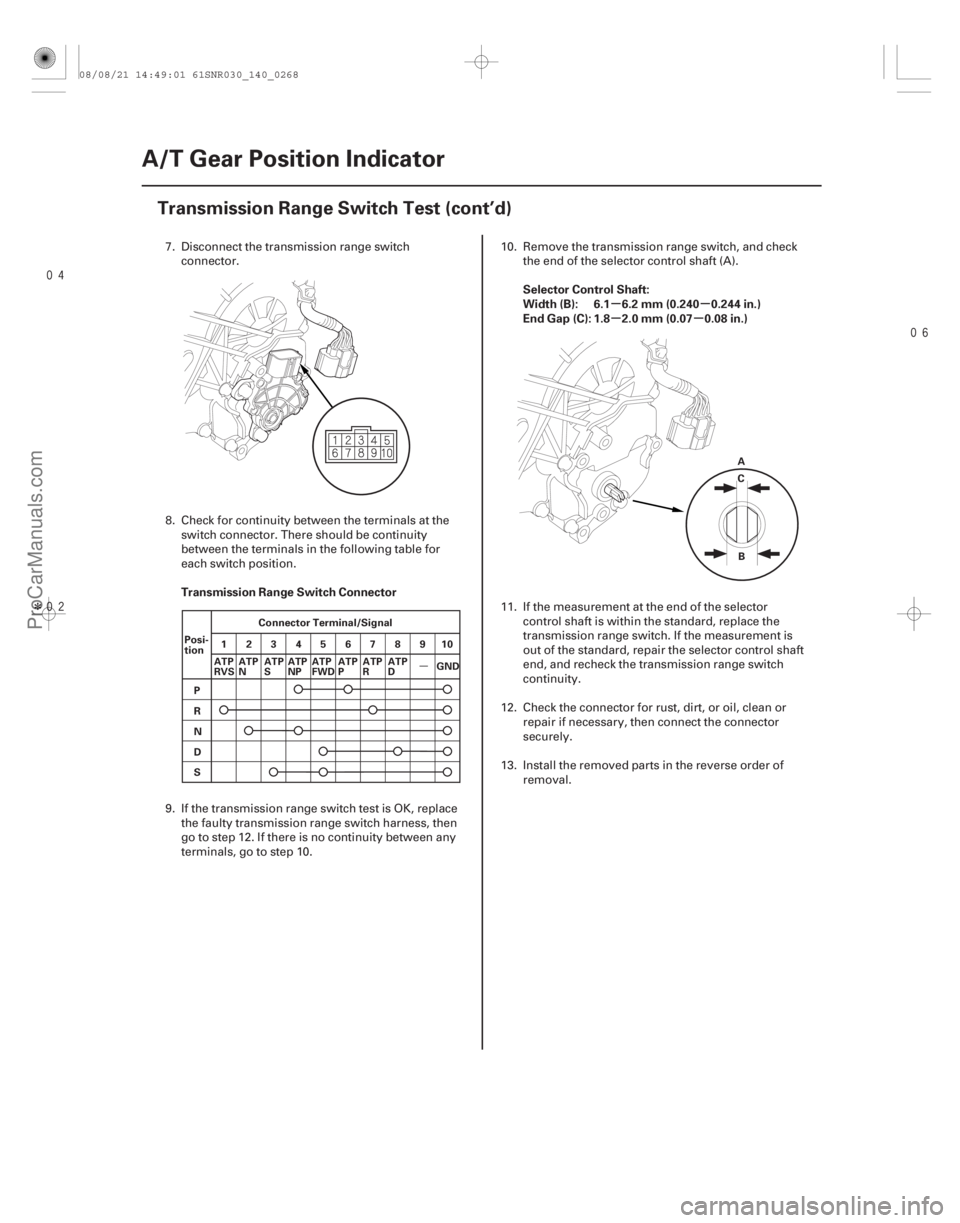 ACURA CSX 2006  Service Repair Manual 
Î 
µ
µµ
µµ
Transmission Range Switch Connector Selector Control Shaft:
Width (B): 6.1 6.2 mm (0.240 0.244 in.)
End Gap (C): 1.8 2.0 mm (0.07 0.08 in.)
14-266A/T Gear Position 