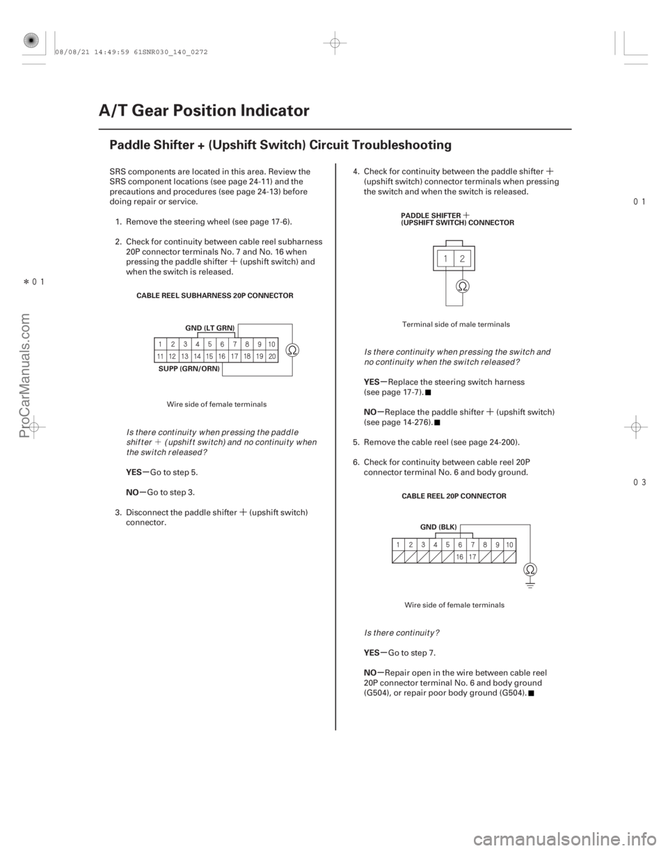 ACURA CSX 2006  Service User Guide ´´
´ ´
´
Î


(#


)
´
µ
µ µ
µ
µ
µ
YES
NO
YES
NO
YES
NO
14-270A/T Gear Position Indicator
Paddle Shifter + (Upshift Swi