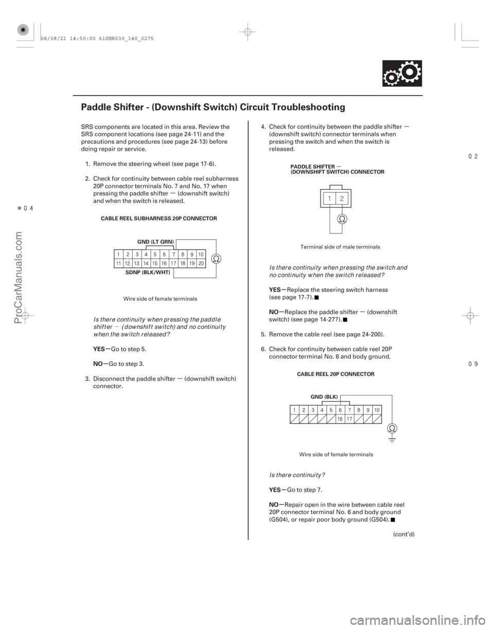 ACURA CSX 2006  Service Repair Manual µµ
µ µ
µ
Î


(#


)

µ
µ
µ µ
µ
µ
µ
YES
NO
YES
NO
YES
NO
14-273
Paddle Shifter - (Downshift Switch) Circuit Troubleshoot