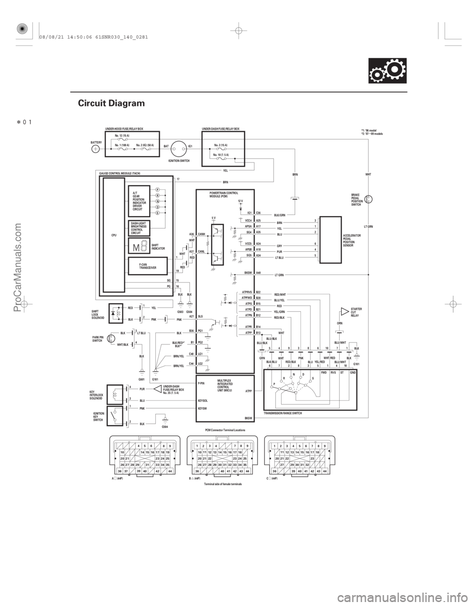 ACURA CSX 2006  Service Repair Manual Î
(#

)
Ó
Ú
Ø µ
14-279
Circuit Diagram
22
36 444342 27 28
3033 34 35
32 25
20 21 22 16 1817
13 14 15
12
11 789
31
3123
31
456
1514
2120 25
24
