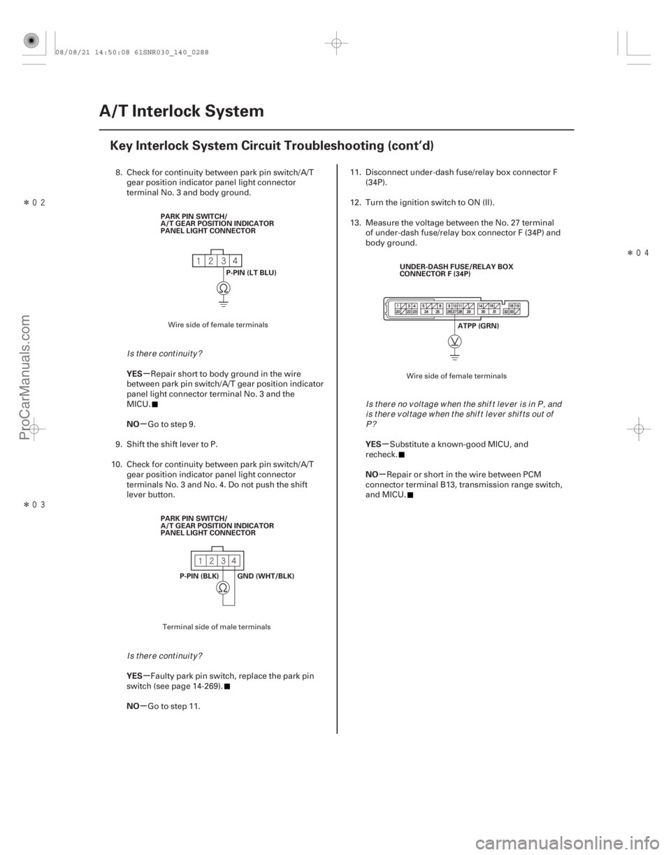 ACURA CSX 2006  Service Repair Manual Î
ÎÎ
µ
µ
µ
µ µ
µ
YES
NO
YES
NO YES
NO
14-286A/T Interlock System
Key Interlock System Circuit Troubleshooting (cont’d)
P-PIN (LT BLU)
PARK PIN SWITCH/
A/T GEAR POSITION