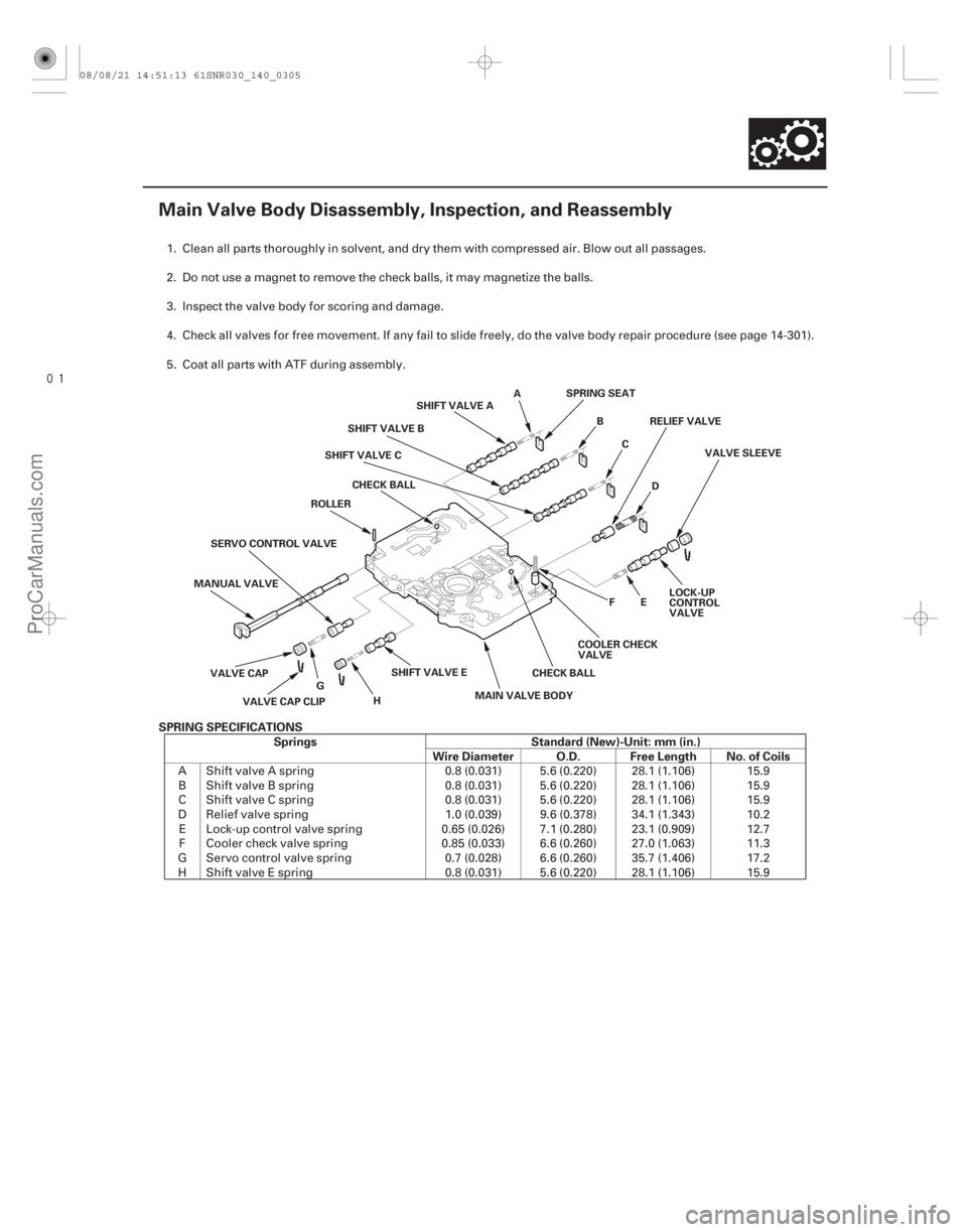 ACURA CSX 2006  Service Repair Manual 
(#



") SPRING SPECIFICATIONS Springs Standard (New)-Unit: mm (in.) Wire Diameter O.D. Free Length No. of Coils
14-303
Main Valve Body Disassembly, Inspe