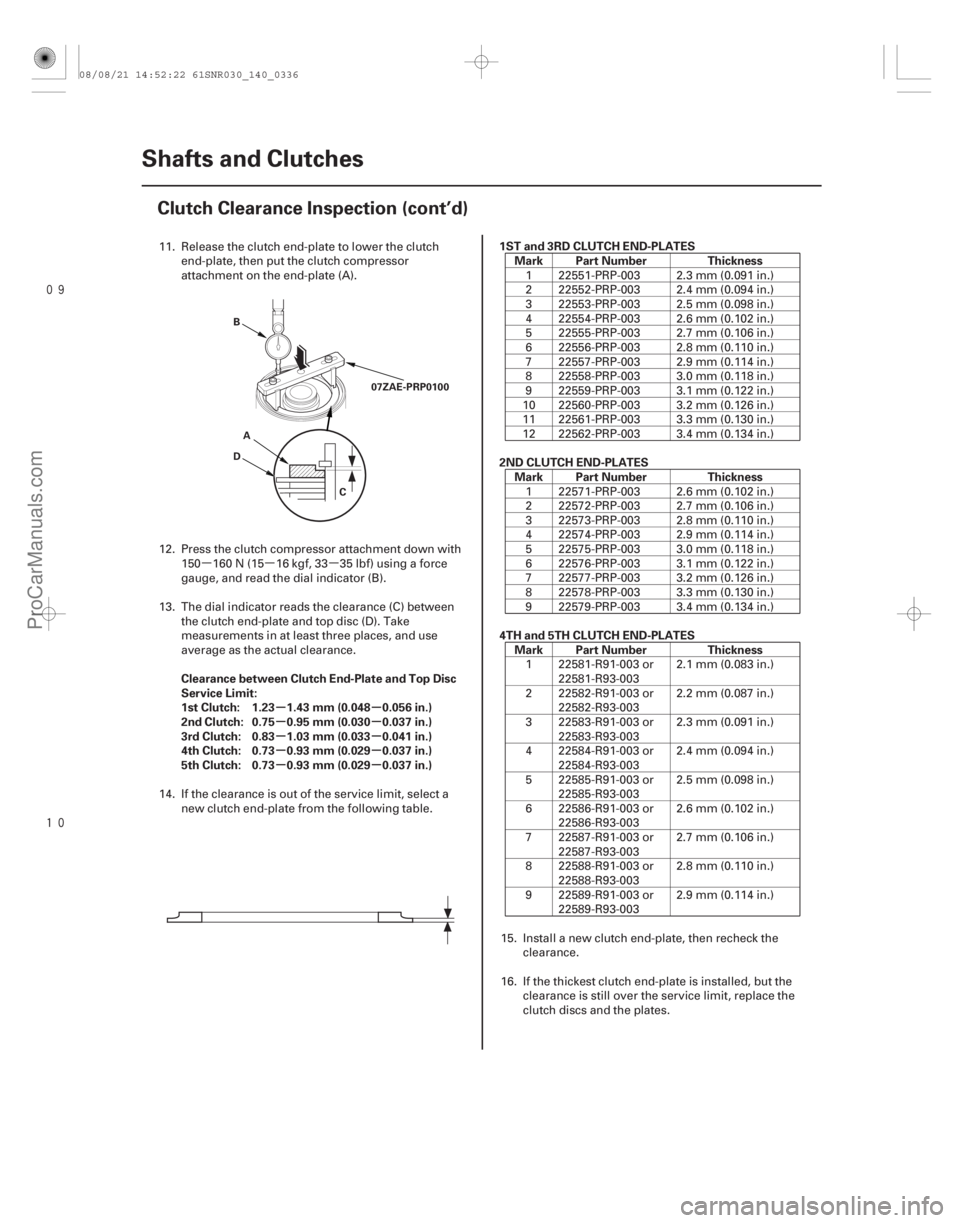 ACURA CSX 2006  Service User Guide µµ µ



µµ
µµ
µµ
µµ
µµ
Clearance between Clutch End-Plate and Top Disc
Service Limit:
1st Clutch: 1.23 1.43 mm (0.048 0.056 in.)
2nd Clutch: 0.75 0.95 mm (0.030 0.037 