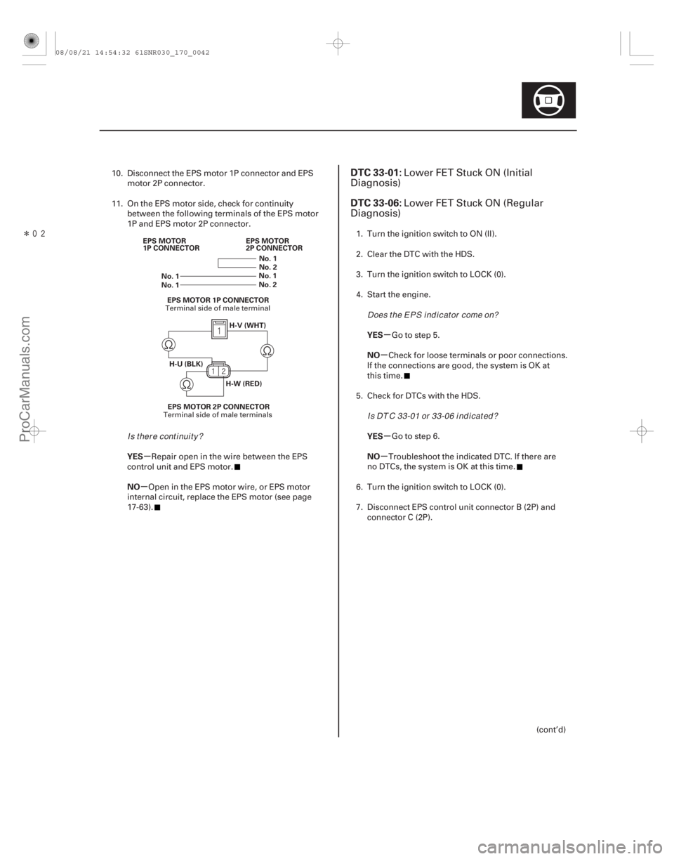 ACURA CSX 2006  Service Repair Manual Î
(# 
)
µ
µ µ
µ
µ
µ
YES
NO YES
NO
YES
NO
DTC 33-01:
DTC 33-06:
17-4117-41
No. 1
No. 2
No. 1
No. 2
H-W (RED)
H-U (BLK) H-V (WHT)
EPS MOTOR