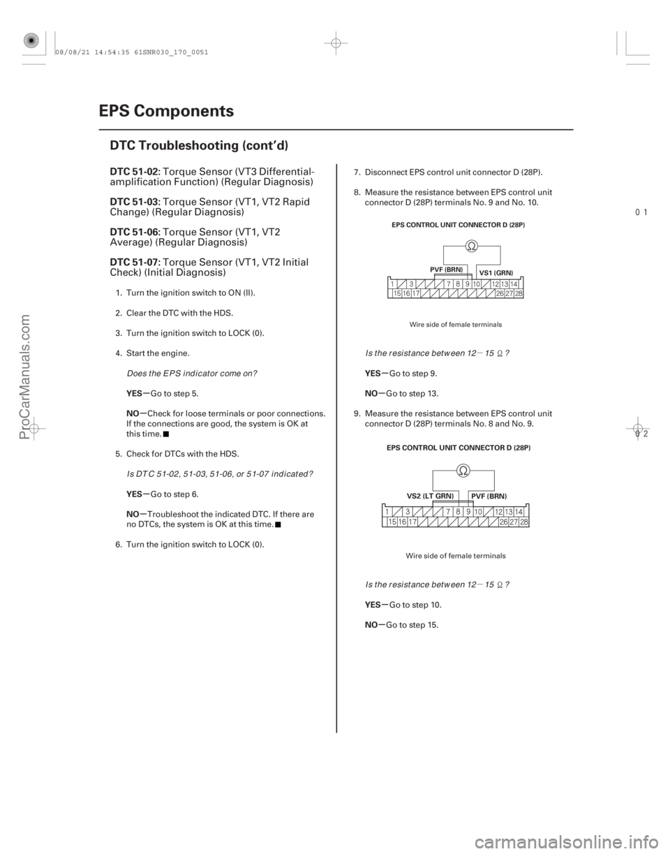 ACURA CSX 2006  Service Repair Manual µ
µ


(# 
)
µ
µ
µ
µ µ
µ
µ
µ
DTC 51-02:
DTC 51-03:
DTC 51-06:
DTC 51-07:
YES
NO
YES
NO YES
NO
YES
NO
17-50EPS Components
DTC Tro