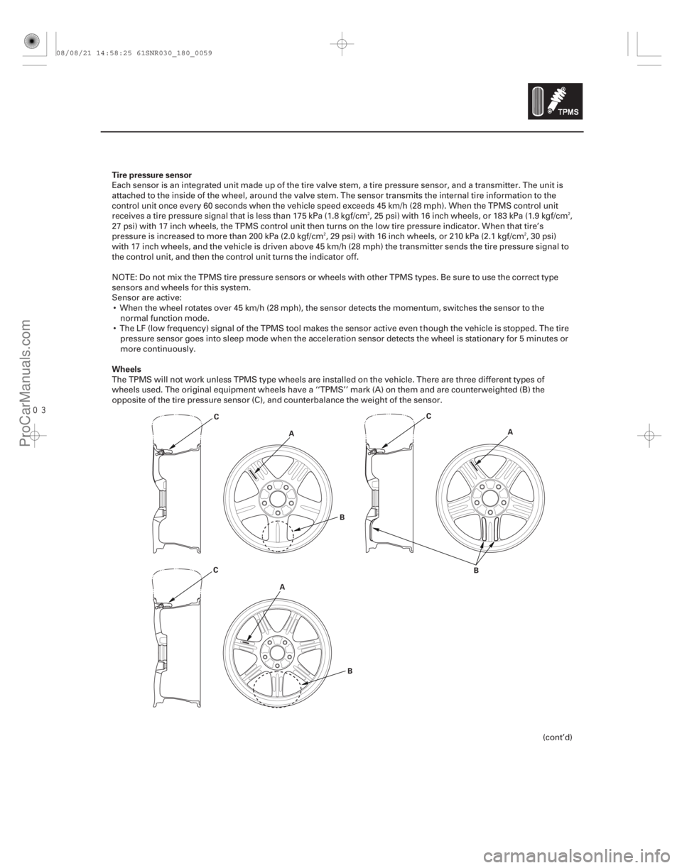 ACURA CSX 2006  Service Repair Manual Tire pressure sensor
Wheels
18-59
A
B
C
B
C
A B
C A
Each sensor is an integrated unit made up of the tire valve stem, a tire pressure sensor, and a transmitter. The unit is
attached to the inside 