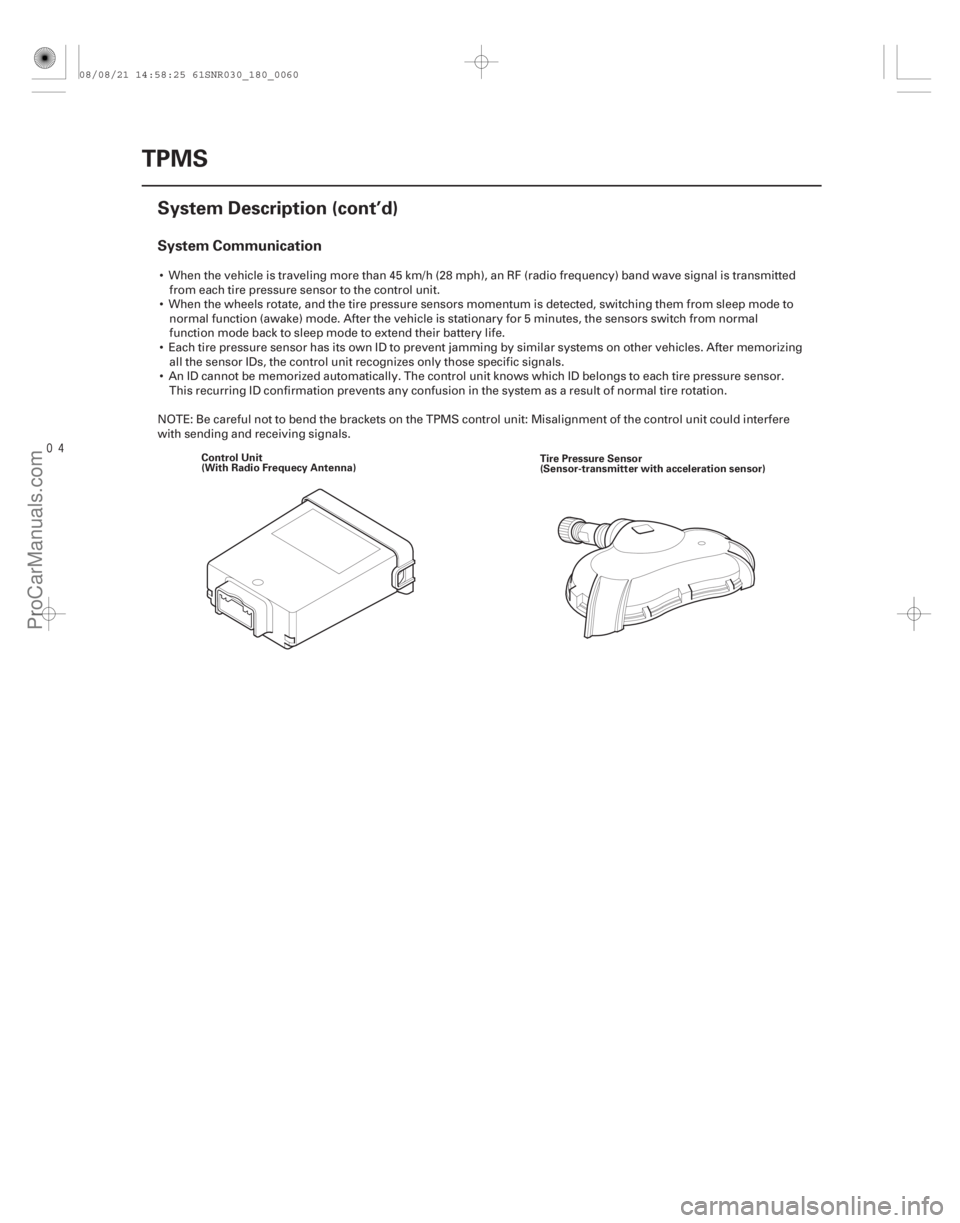 ACURA CSX 2006  Service Repair Manual 
System Communication
18-60TPMS
System Description (cont’d)
Control Unit
(With Radio Frequecy Antenna)
Tire Pressure Sensor
(Sensor-transmitter with acceleration sensor)
 When the vehicle is tr