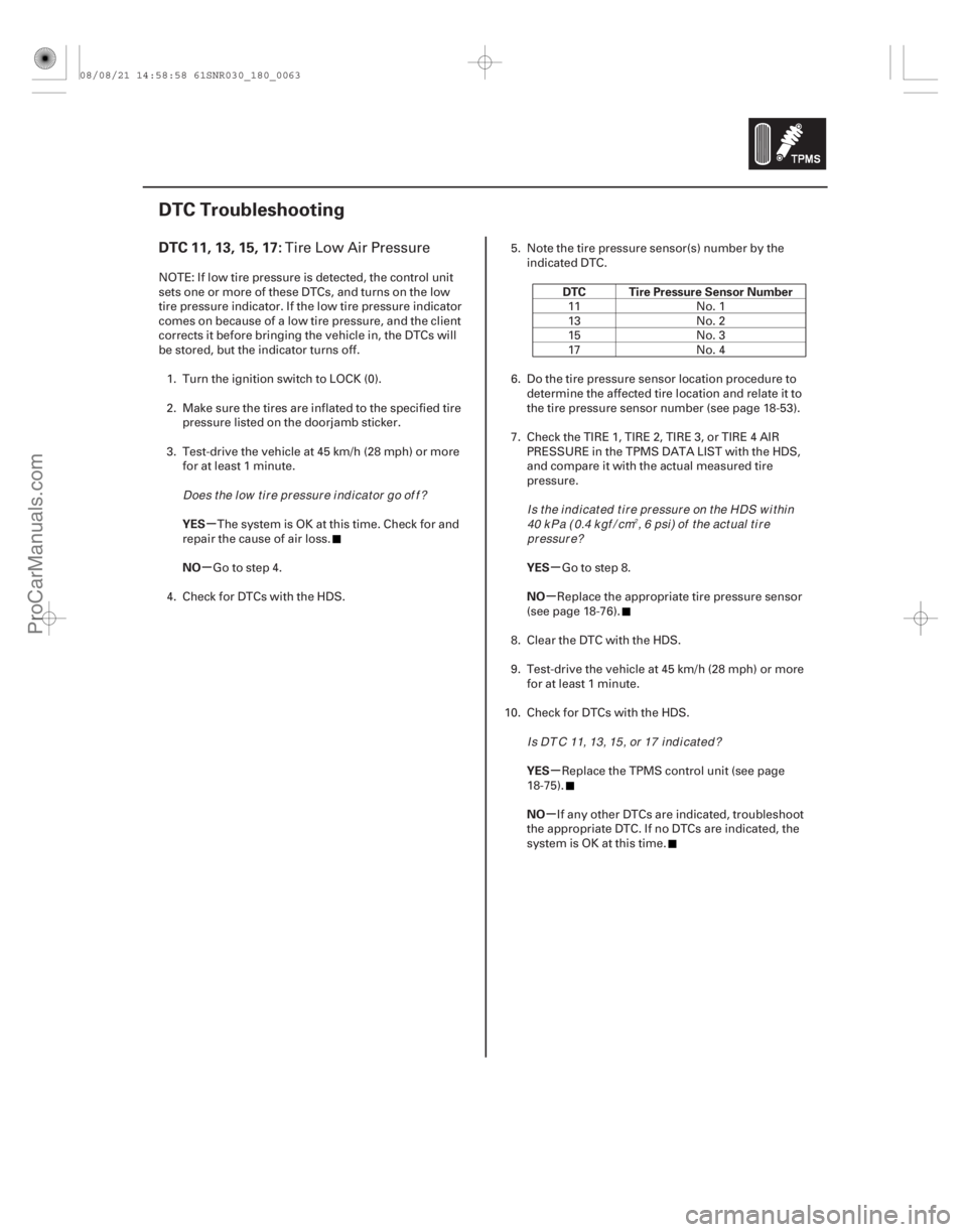 ACURA CSX 2006  Service Repair Manual (# 


)
µ
µµ µ
µ
µ
DTC 11, 13, 15, 17:
YES
NO DTC Tire Pressure Sensor Number
YES
NO
YES
NO
18-63
DTC Troubleshooting
Tire Low Air Pressure
NOTE: