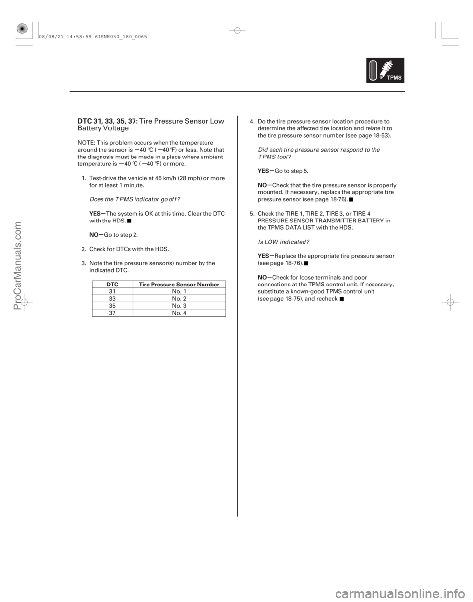 ACURA CSX 2006  Service Repair Manual µµ
µµ
(# 

)
µ
µ µ
µ
µ
µ
DTC 31, 33, 35, 37:
YES
NO
DTC Tire Pressure Sensor Number YES
NO
YES
NO
18-65
Tire Pressure Sensor Low
Battery