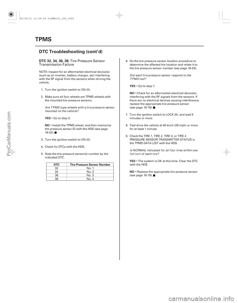 ACURA CSX 2006  Service Repair Manual (# 
)
µ
µ µ
µ
µ
µ
DTC 32, 34, 36, 38:
YES
NO
DTC Tire Pressure Sensor Number YES
NO
YES
NO
18-66TPMS
DTC Troubleshooting (cont’d)
Tire Pressu