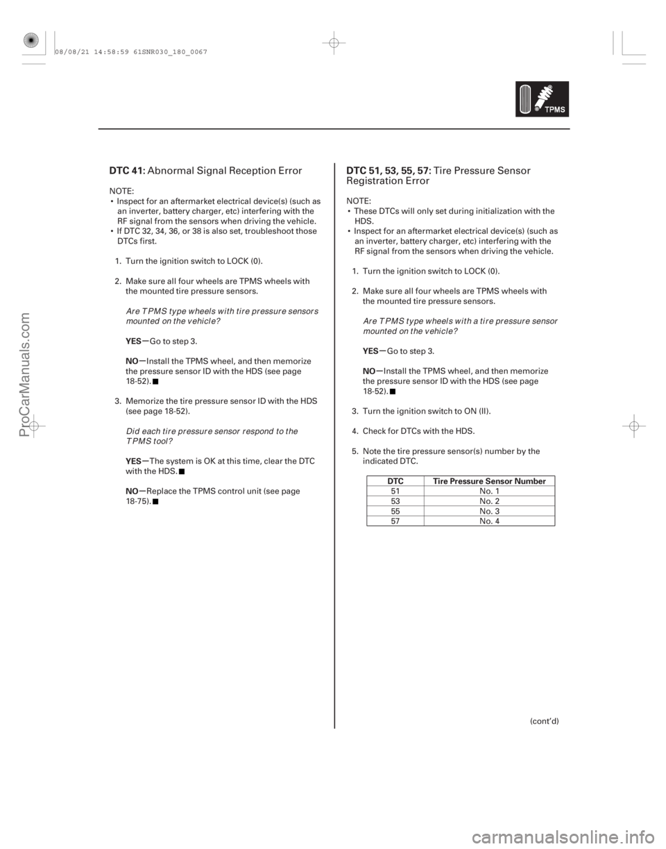 ACURA CSX 2006  Service Repair Manual (# 

)(# 

)
µ
µ
µ
µ µ
µ
DTC 41: DTC 51, 53, 55, 57:
YES
NO
YES
NO YES
NO
DTC Tire Pressure Sensor N