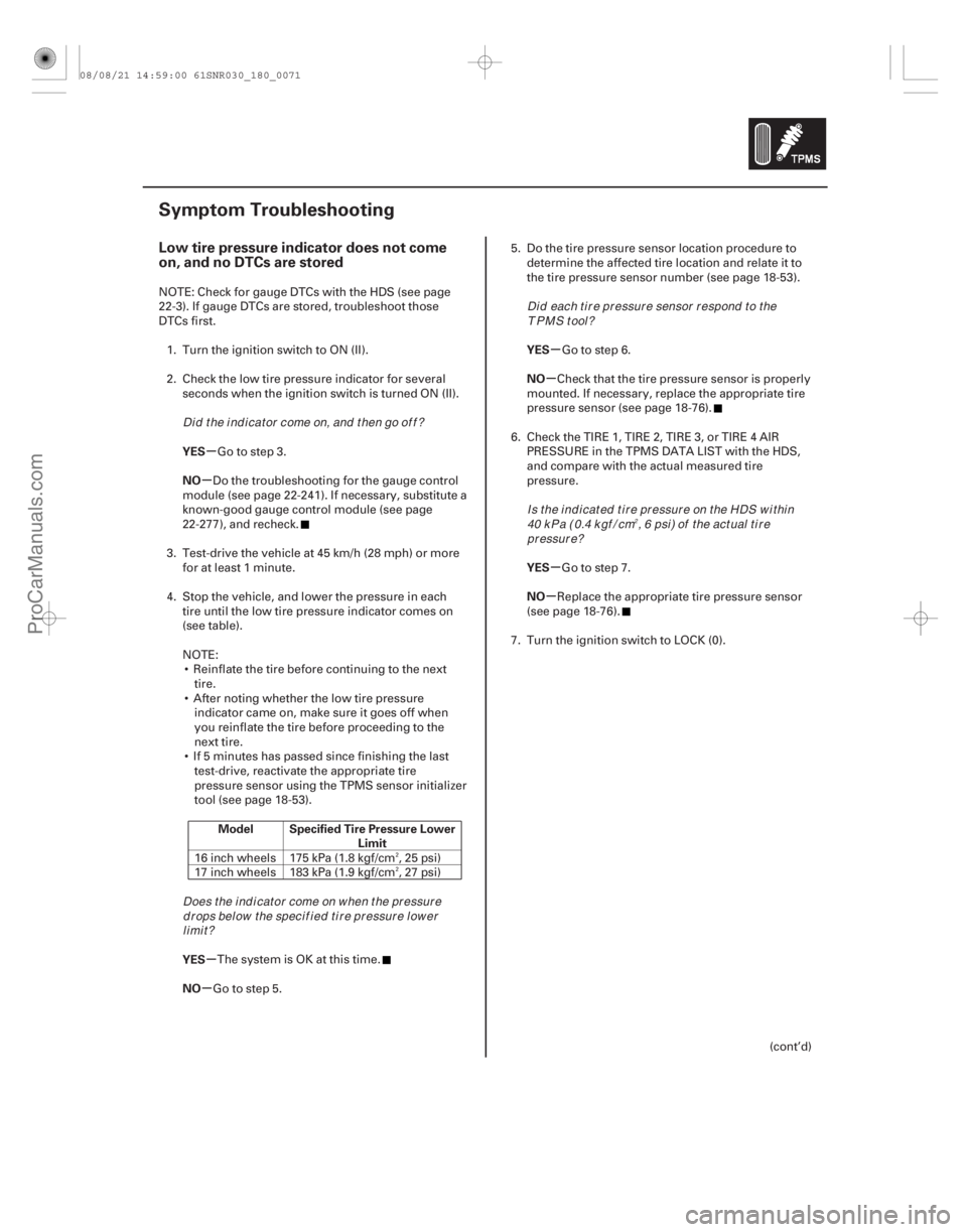 ACURA CSX 2006  Service Repair Manual (#

)
µ
µ
µ
µ µ
µ
µ
µ
Low tire pressure indicator does not come
on, and no DTCs are stored
YES
NO
Model Specified Tire Pressure Lower Limit