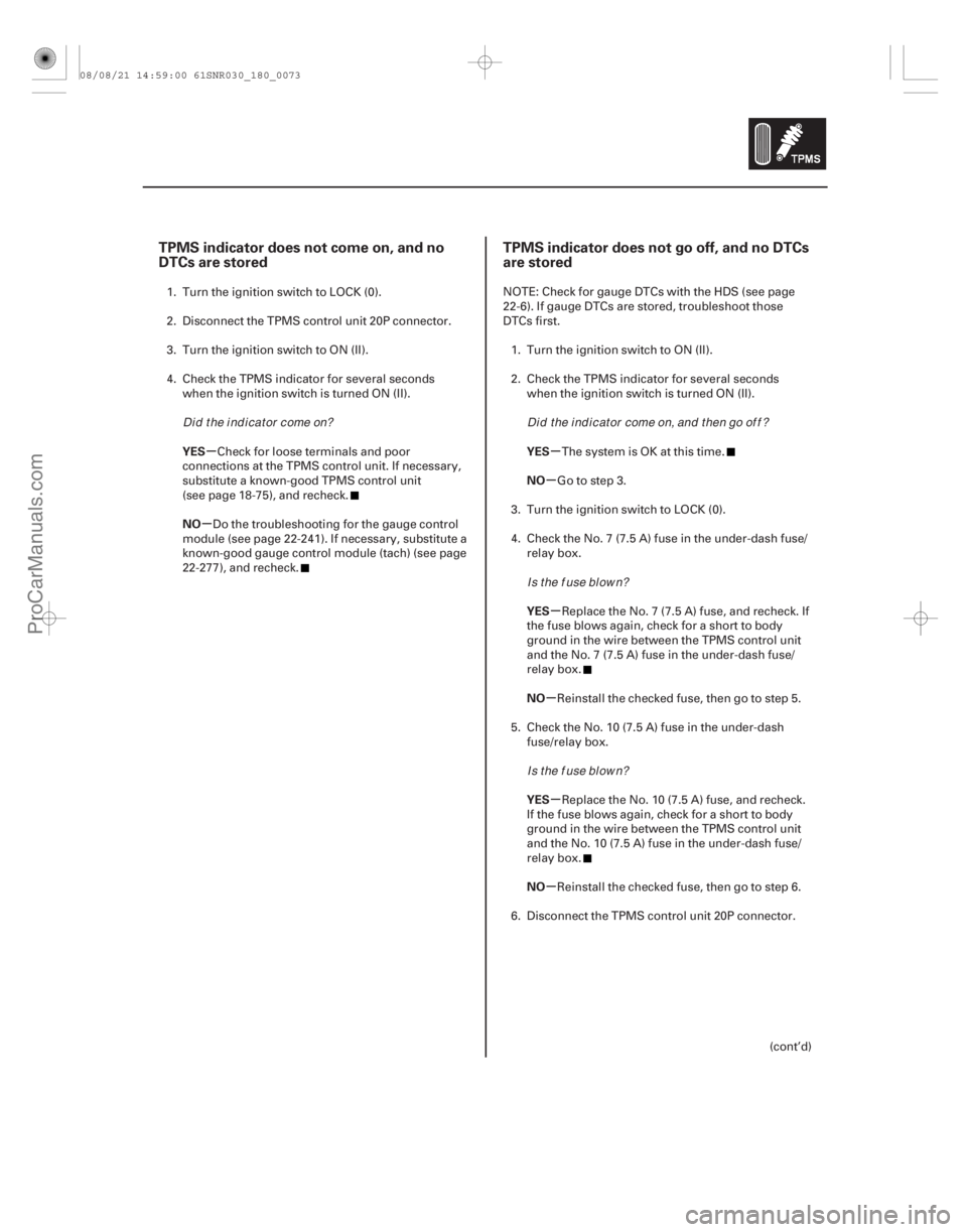 ACURA CSX 2006  Service Repair Manual (#

)(#

)
µ
µ µ
µ
µ
µ
µ
µ
TPMS indicator does not come on, and no
DTCs are stored TPMS indica