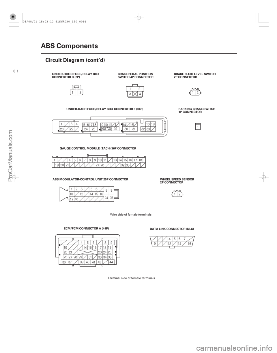 ACURA CSX 2006  Service Repair Manual 
19-64ABS Components
Circuit Diagram (cont’d)
UNDER-HOOD FUSE/RELAY BOX
CONNECTOR C (2P)
BRAKE PEDAL POSITION
SWITCH 4P CONNECTORBRAKE FLUID LEVEL SWITCH
2P CONNECTOR
DATA LINK CONNECTOR (DLC)
E