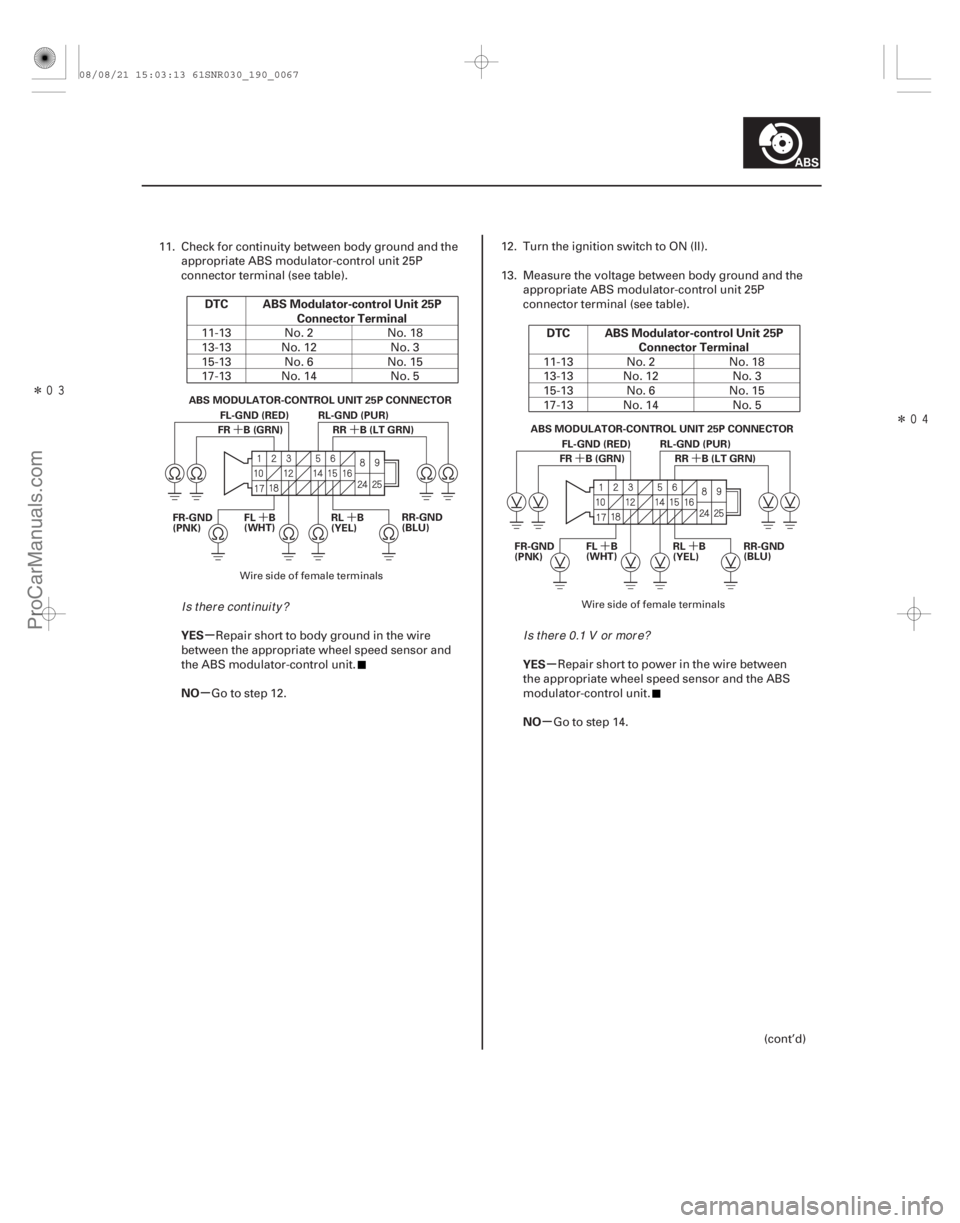 ACURA CSX 2006  Service Repair Manual ÎÎ
´
´
´
´
´
´
´
´
µ
µ µ
µ
DTC ABS Modulator-control Unit 25P
Connector Terminal
YES
NO DTC ABS Modulator-control Unit 25P
Connector Terminal
YES
NO
19-67
RL-GND (P