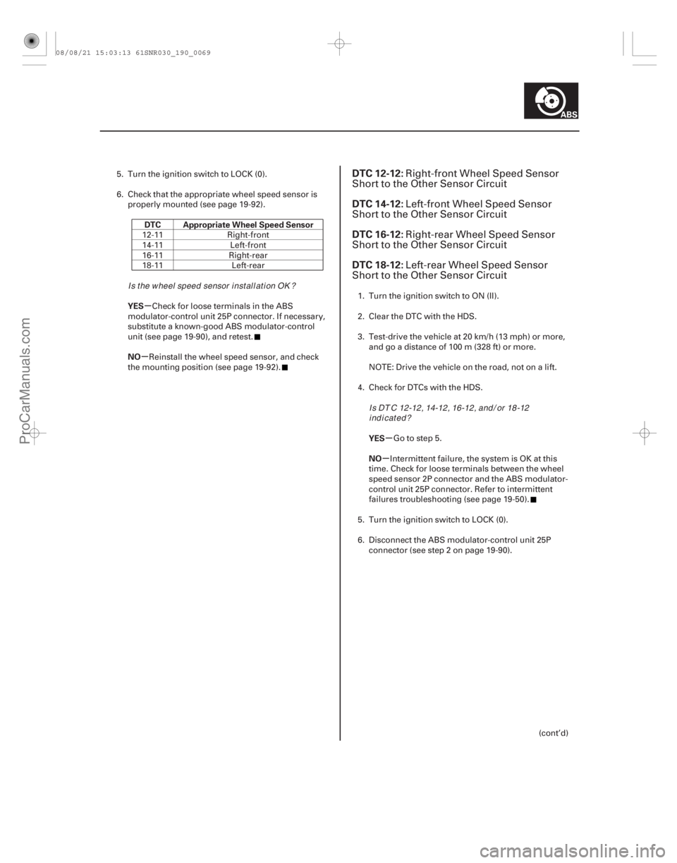 ACURA CSX 2006  Service Repair Manual (# 


)

µ
µ
µ
µ
DTC Appropriate Wheel Speed Sensor
YES
NO YES
NO
DTC 12-12:
DTC 14-12:
DTC 16-12:
DTC 18-12:
19-6919-69
5. Turn the ignition switch t