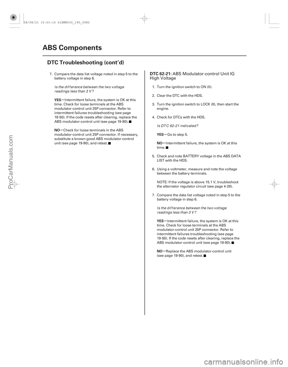 ACURA CSX 2006  Service Repair Manual (# 

)
µ
µ µ
µ
µ
µ
YES
NO
YES
NO
YES
NO
DTC 62-21:
19-8219-82ABS Components
DTC Troubleshooting (cont’d)
7. Compare the data list voltage note