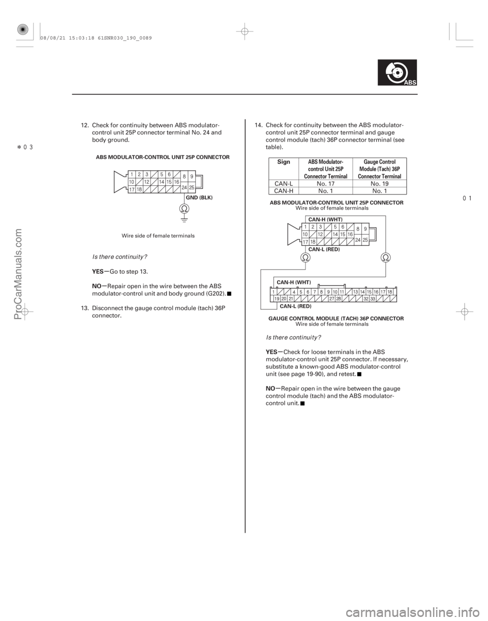 ACURA CSX 2006  Service Repair Manual Î
µ
µ
µ
µ
YES
NO Sign
YES
NO
ABS Modulator-
control Unit 25P
Connector Terminal Gauge Control
Module (Tach) 36P
Connector Terminal
19-89
ABS MODULATOR-CONTROL UNIT 25P CONNECTOR
GND 
