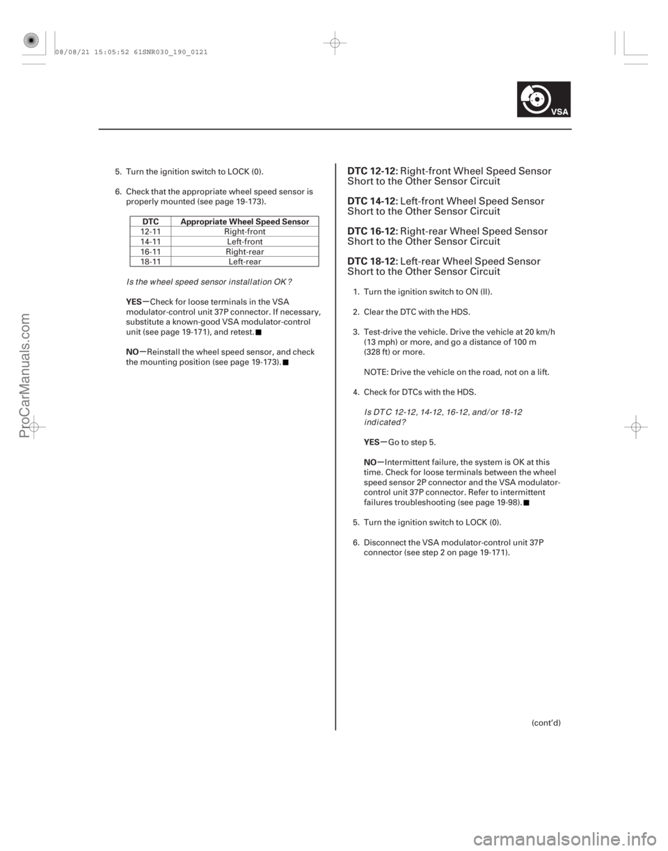 ACURA CSX 2006  Service Repair Manual (# 


)
µ
µ
µ
µ
DTC Appropriate Wheel Speed Sensor
YES
NO
YES
NO
DTC 12-12:
DTC 14-12:
DTC 16-12:
DTC 18-12:
19-12119-121
5. Turn the ignition switch