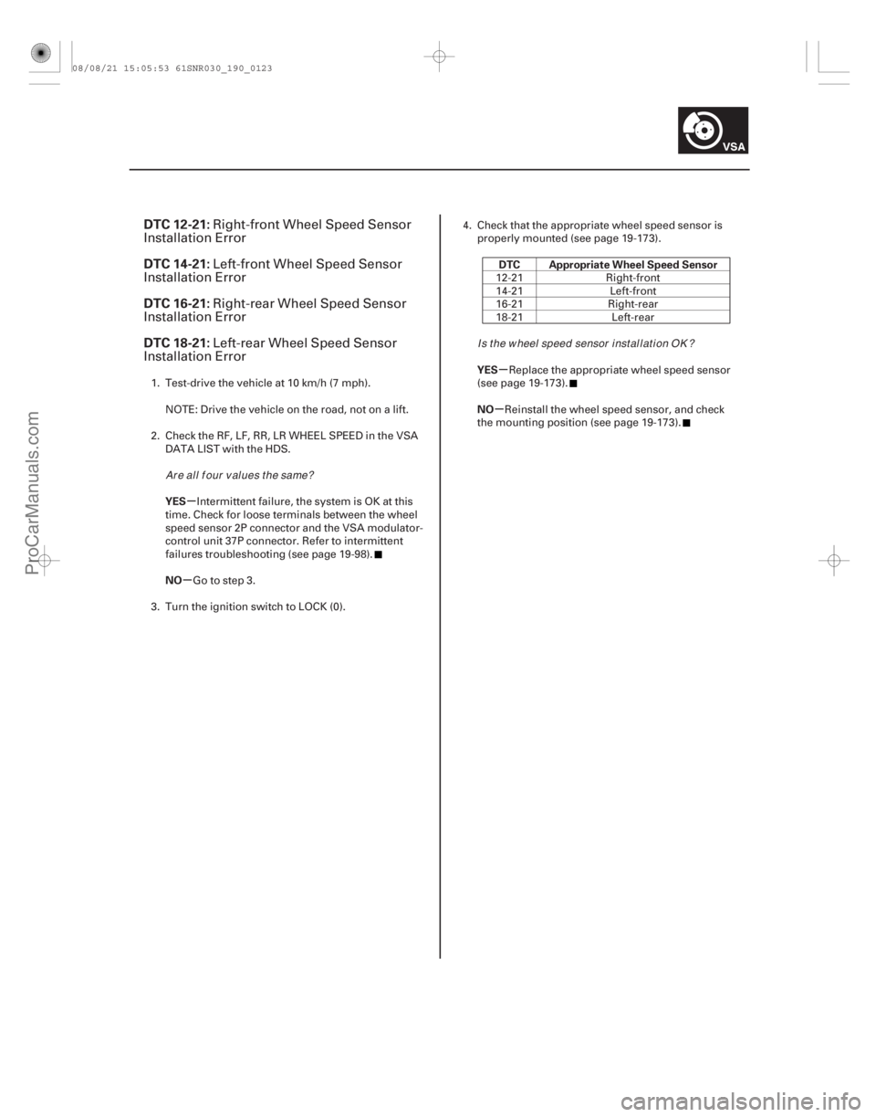 ACURA CSX 2006  Service Repair Manual (# 


)
µ
µ µ
µ
DTC 12-21:
DTC 14-21:
DTC 16-21:
DTC 18-21:
YES
NO DTC Appropriate Wheel Speed Sensor
YES
NO
19-123
Right-front Wheel Speed Sensor
In