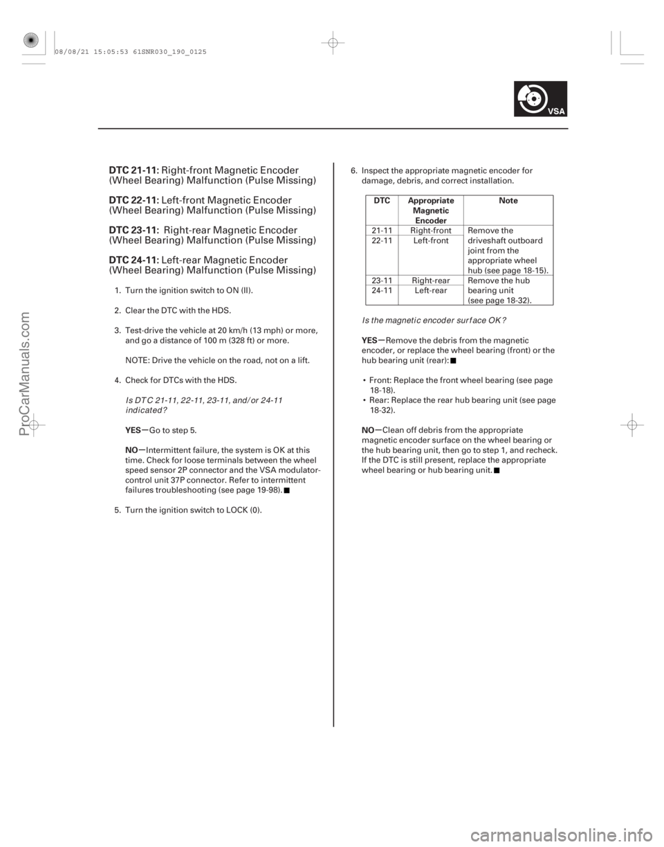 ACURA CSX 2006  Service Repair Manual (# 



)
µ
µ µ
µ
DTC 21-11:
DTC 22-11:
DTC 23-11:
DTC 24-11:
YES
NO DTC Appropriate
MagneticEncoder Note
YES
NO
19-125
Right-front Magnetic Encoder
(W