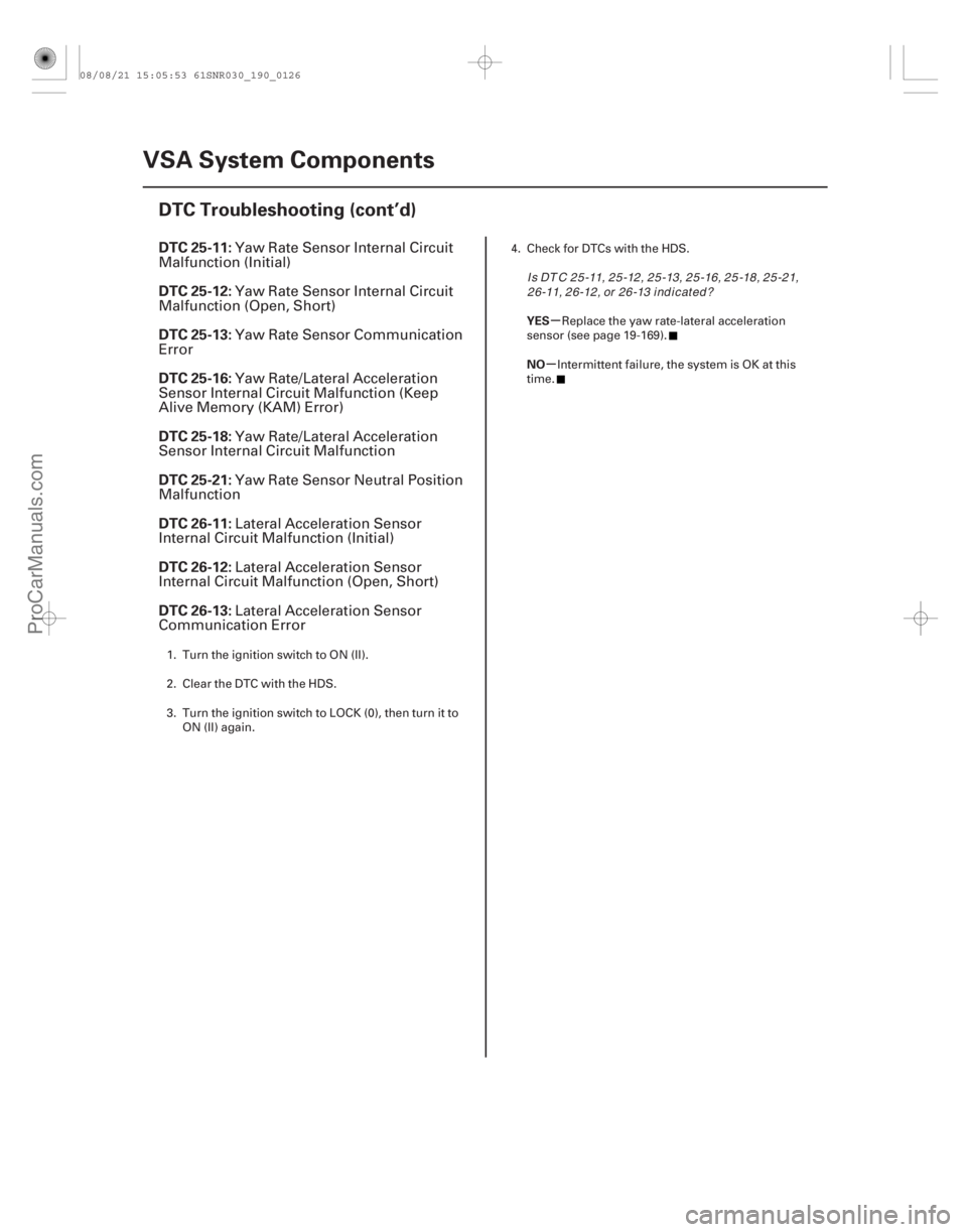 ACURA CSX 2006  Service Repair Manual (# 


)µ
µ
DTC 25-11:
DTC 25-12:
DTC 25-13:
DTC 25-16:
DTC 25-18:
DTC 25-21:
DTC 26-11:
DTC 26-12:
DTC 26-13:
YES
NO
19-126 VSA System Components
DTC Tro