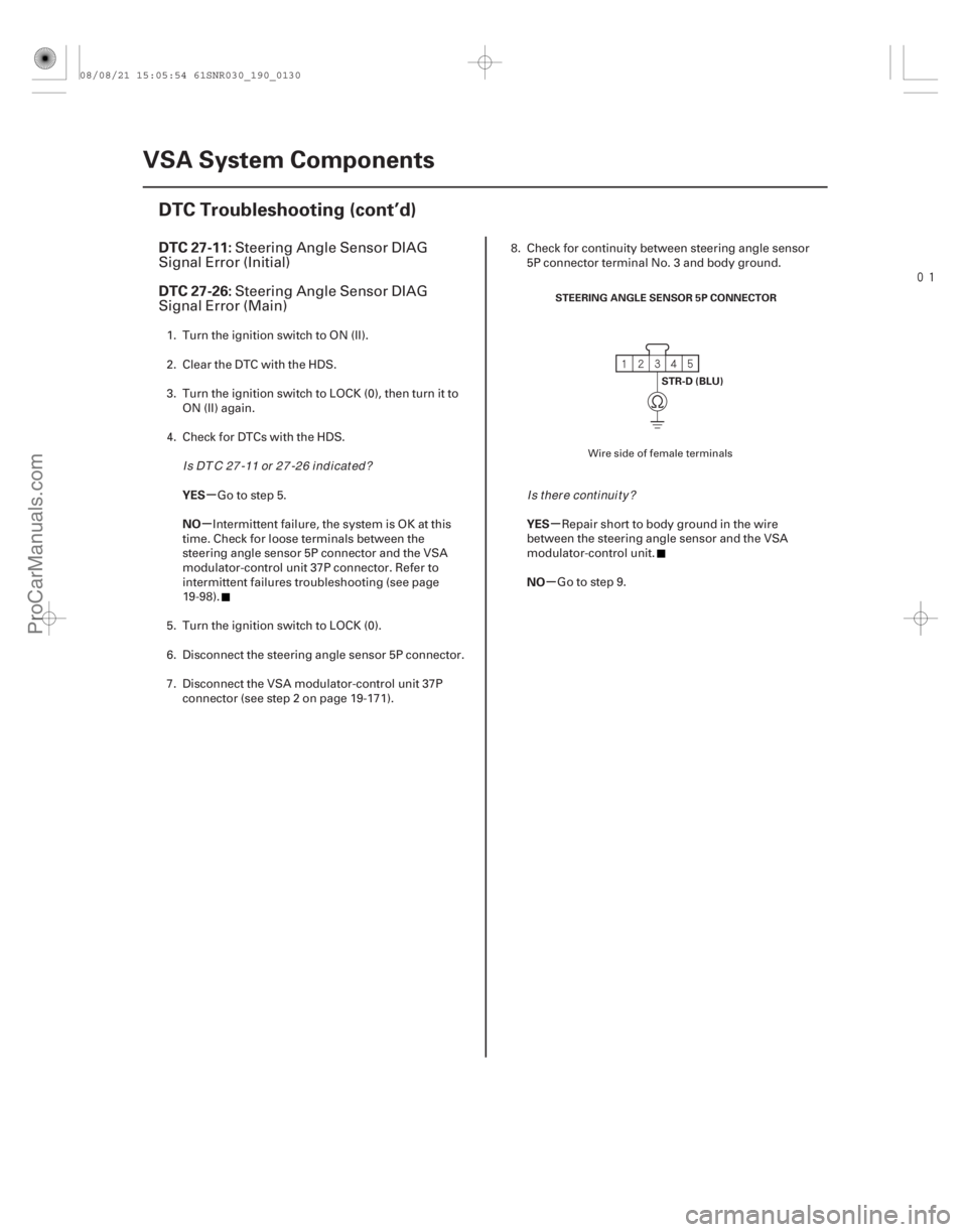 ACURA CSX 2006  Service Repair Manual 
(# 


)
µ
µµ
µ
DTC 27-11:
DTC 27-26:
YES
NO YESNO
19-130VSA System Components
DTC Troubleshooting (cont’d)
STEERING ANGLE SENSOR 5P CONNECTOR

