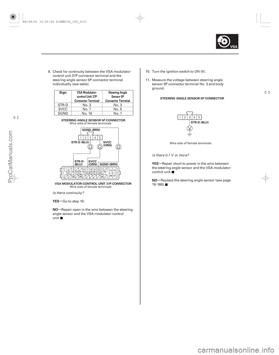 ACURA CSX 2006  Service Repair Manual 
µ
µ µ
µ
Sign
YES
NO YES
NO
VSA Modulator-
control Unit 37P
Connector Terminal Steering Angle
Sensor 5P
Connector Terminal
19-131
VSA MODULATOR-CONTROL UNIT 37P CONNECTOR STEERING ANGL