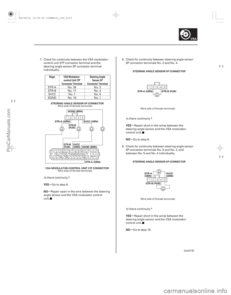 ACURA CSX 2006  Service Repair Manual 

µ
µ µ
µ
µ
µ
Sign
YES
NO YES
NO
YES
NO
VSA Modulator-
control Unit 37P
Connector Terminal Steering Angle
Sensor 5P
Connector Terminal
19-133
VSA MODULATOR-CONTROL UNIT 37P CON