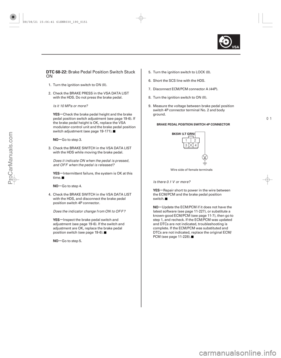 ACURA CSX 2006  Service Repair Manual 
(# 
)
µ
µ
µ
µ
µ
µ µ
µ
DTC 68-22:
YES
NO
YES
NO
YES
NO YES
NO
19-151
BRAKE PEDAL POSITION SWITCH 4P CONNECTOR
BKSW (LT GRN)
Brake Pedal