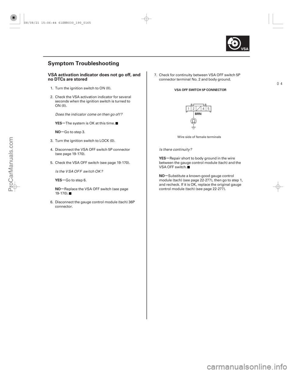 ACURA CSX 2006  Service Repair Manual 
(#
)
µ
µ
µ
µ µ
µ
VSA activation indicator does not go off, and
no DTCs are stored
YES
NO
YES
NO YES
NO
19-165
Symptom Troubleshooting
VSA