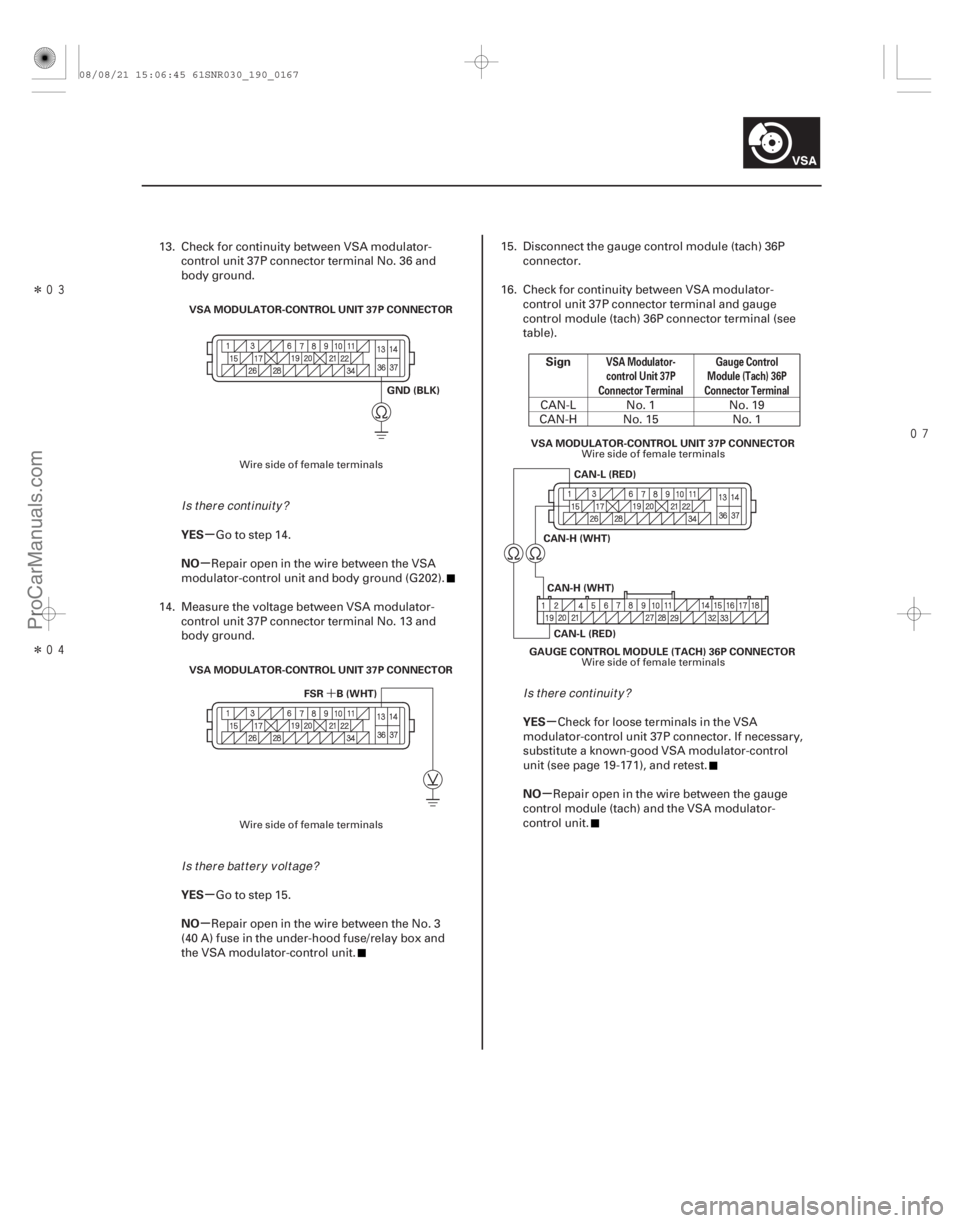ACURA CSX 2006  Service Repair Manual Î
Î
´
µ
µ
µ
µ µ
µ
YES
NO
YES
NO Sign
YES
NO
VSA Modulator- control Unit 37P
Connector Terminal Gauge Control
Module (Tach) 36P
Connector Terminal
19-167
VSA MODULATOR-CON