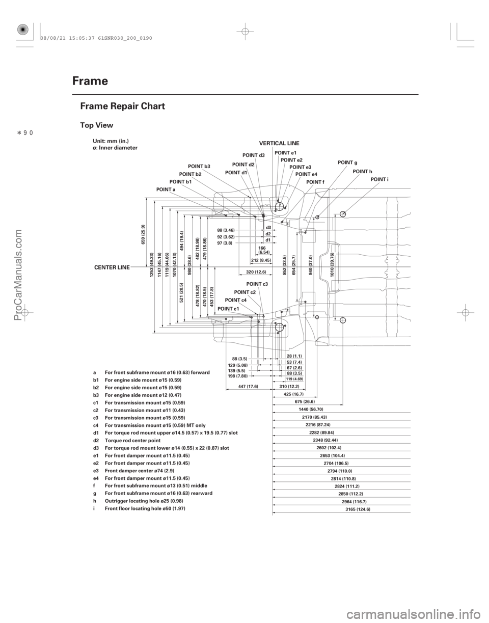 ACURA CSX 2006  Service Repair Manual Î(#
!)
Top View
20-188Frame
Frame Repair Chart
453 (17.8)
659 (25.9)
1253 (49.33)
1147 (45.16)
1119 (44.06)
1070 (42.13)
521 (20.5) 494 (19.4)
980 (3
