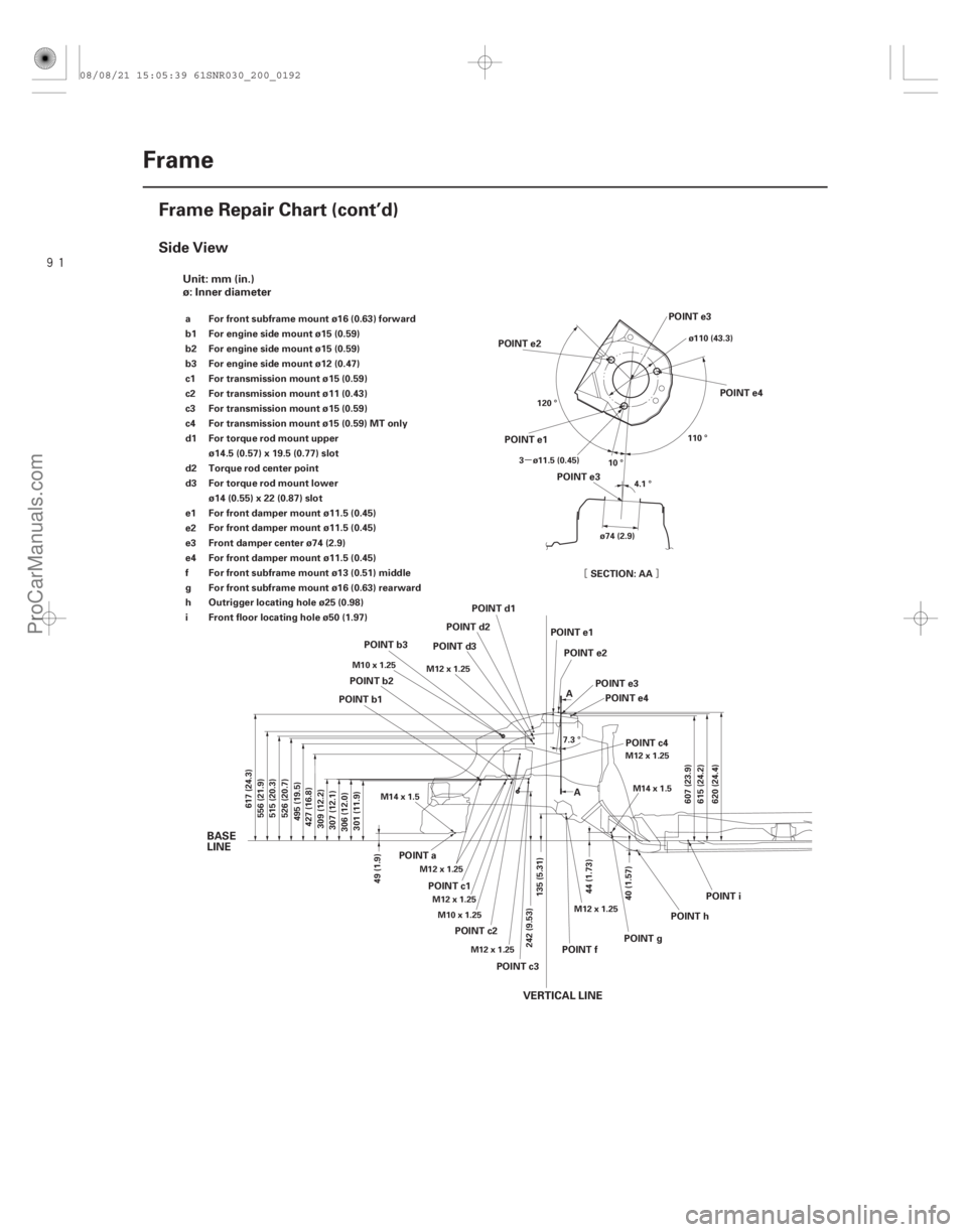 ACURA CSX 2006  Service Repair Manual 
¦§
µ
Side View
20-190Frame
Frame Repair Chart (cont’d)
242 (9.53)
617 (24.3)
515 (20.3)
427 (16.8)
309 (12.2)
307 (12.1)
306 (12.0) 301 (11.9)
49 (1.9)
135 (5.31) 44 (1.73)
40 (1.57)
607 