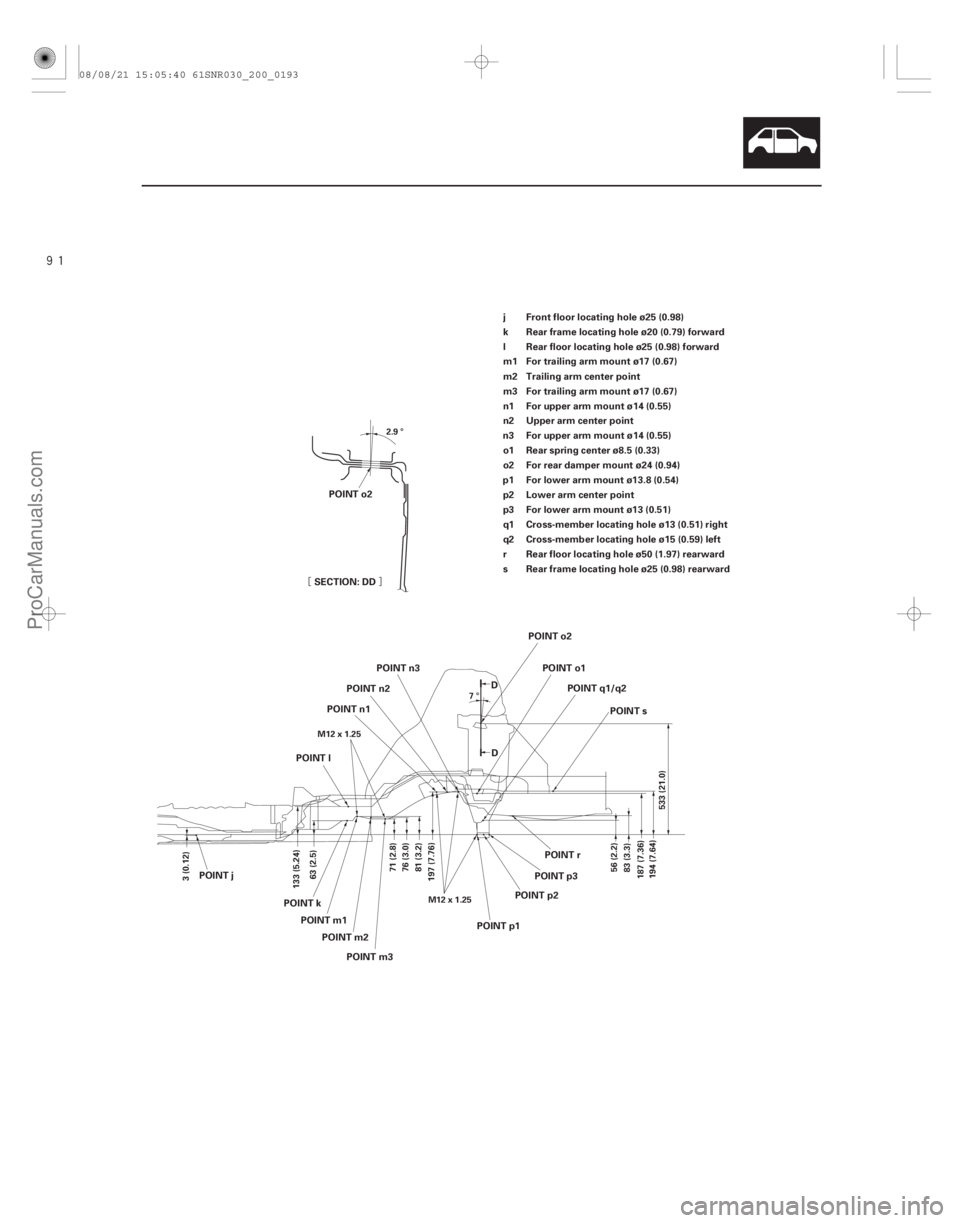 ACURA CSX 2006  Service Repair Manual 
¦§
20-191
3(0.12)
133 (5.24) 63 (2.5)
71 (2.8)
76 (3.0)
81 (3.2)
197 (7.76)
56 (2.2)
83 (3.3)
187 (7.36) 194 (7.64) 533 (21.0)
M12x1.25
M12x1.25
2.9 °
7°
Front floor locating hole ø25 (0.9