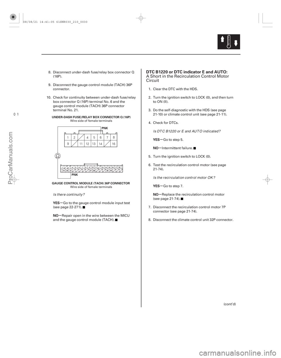ACURA CSX 2006  Service Repair Manual 
(# 

.
)
µ
µ µ
µ
µ
µ
YES
NO YES
NO
YES
NO
DTC B1220 or DTC indicator E and AUTO:
21-2921-29
GAUGE CONTROL MODULE (TACH) 36P CONNECTOR
UNDER-D