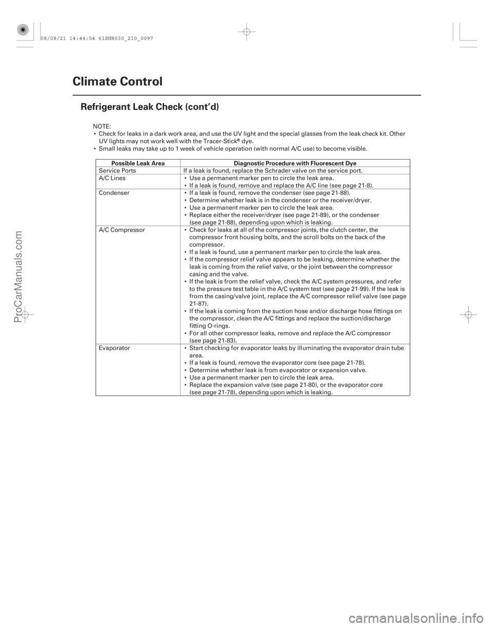 ACURA CSX 2006  Service Repair Manual Possible Leak AreaDiagnostic Procedure with Fluorescent Dye
21-96Climate Control
Refrigerant Leak Check (cont’d)
NOTE:
 Check for leaks in a dark work area, and use the UV light and the special gla