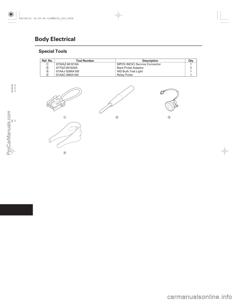 ACURA CSX 2006  Service Repair Manual 



(#
%)Ref. No. Tool Number Description Qty
22-2
Body Electrical
Special Tools
07WAZ-001010A
MPCS (MCIC) Service Connector 1
07TAZ-001020A