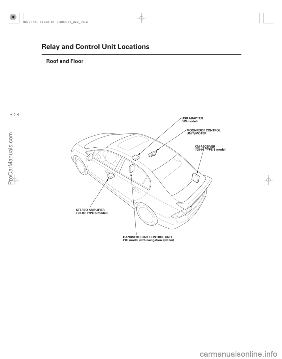 ACURA CSX 2006  Service Repair Manual Î(#)
22-10Relay and Control Unit Locations
Roof and Floor
STEREO AMPLIFIER
(’08-09 TYPE S model)
MOONROOF CONTROL
UNIT/MOTER
USB ADAPTER
(’09 m