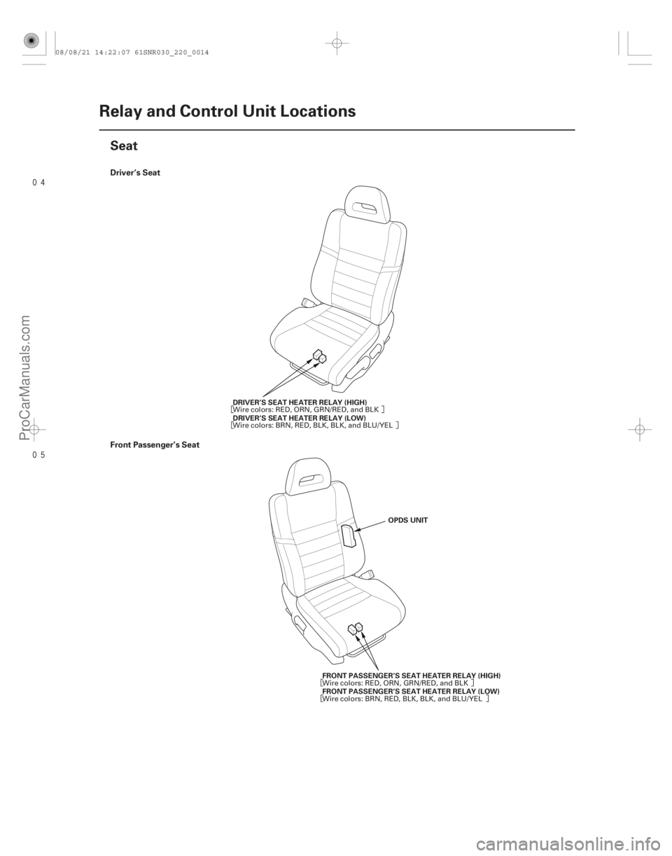 ACURA CSX 2006  Service Repair Manual 
(#) Driver’s Seat
Front Passenger’s Seat
22-12Relay and Control Unit Locations
Seat
DRIVER’S SEAT HEATER RELAY (HIGH)
DRIVER’S SEAT HEAT