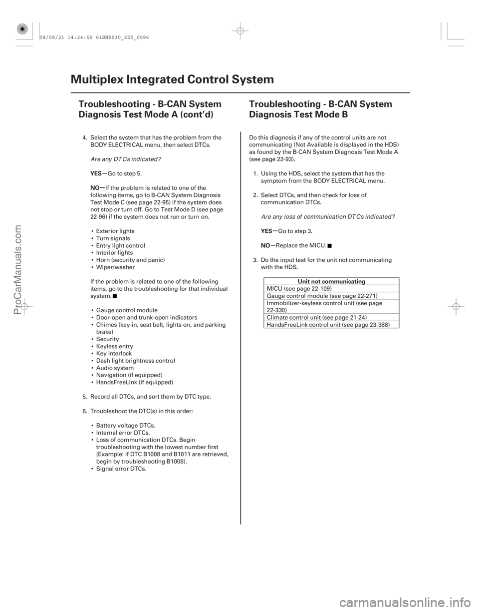 ACURA CSX 2006  Service User Guide (#)
µ
µ
µ
µ
YES
NO
YES
NOUnit not communicating
22-9422-94Multiplex Integrated Control System
Troubleshooting - B-CAN System
Diagnosis Test Mode 