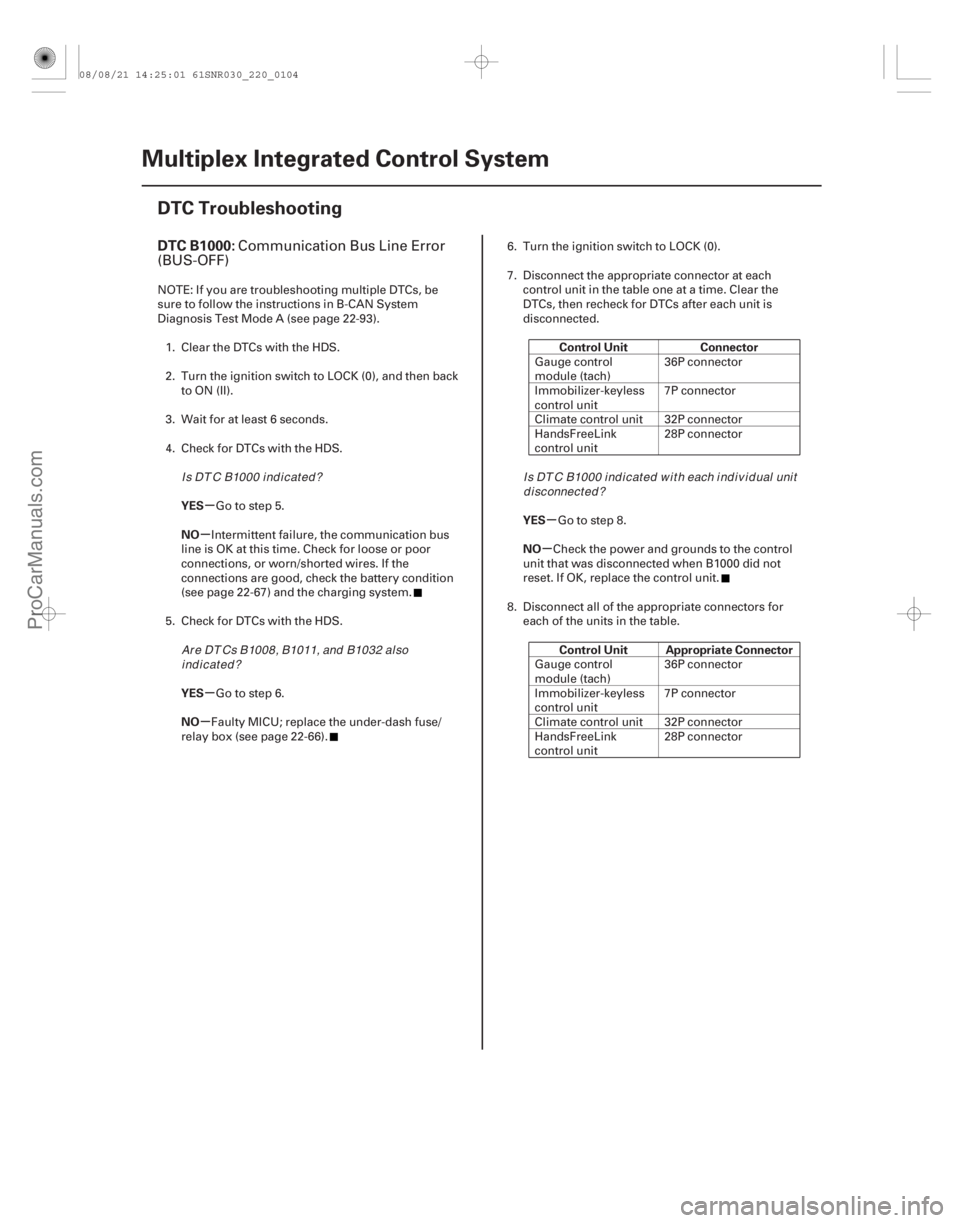 ACURA CSX 2006  Service Repair Manual (# .
)

µ
µ
µ
µ µ
µ
DTC B1000:
YES
NO
YES
NO Control Unit Connector
YES
NO Control Unit Appropriate Connector
22-102Multiplex Integrated Control 