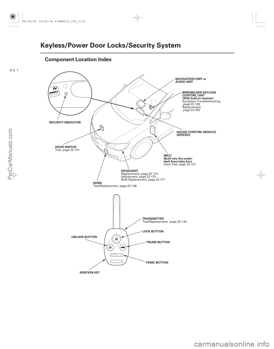 ACURA CSX 2006  Service Repair Manual Î
(#)
22-112Keyless/Power Door Locks/Security System
Component Location Index
NAVIGATION UNIT or
AUDIO UNIT
IMMOBILIZER-KEYLESS
CONTORL UNIT
(With b