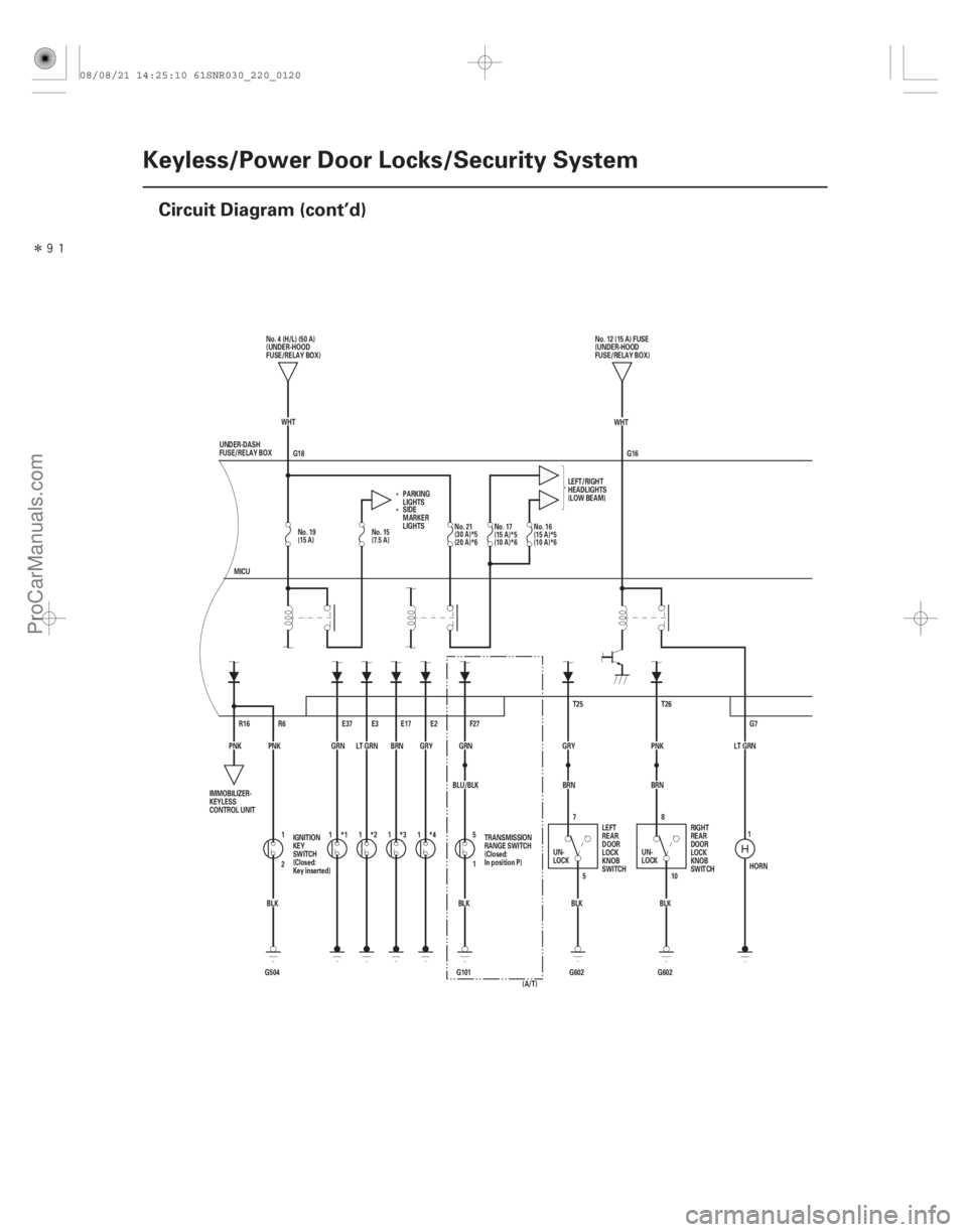 ACURA CSX 2006  Service Repair Manual Î
22-118Keyless/Power Door Locks/Security System
Circuit Diagram (cont’d)
 
G18
HORN
LT GRN
G7
G16
T26
PNK
BRN
G602BLK8
10
5
7
BLK
G602
BRN
GRY T25
BLU/BLK GRN
F27
5
1
BLK
G101
E2
GRY
*4
E17