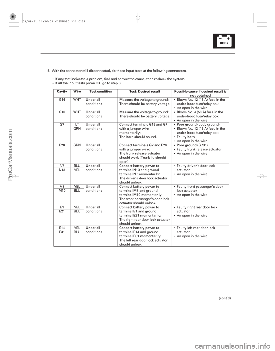 ACURA CSX 2006  Service Repair Manual Cavity Wire Test conditionTest: Desired result Possible cause if desired result is
not obtained
22-133
5. With the connector still disconnected, do these input tests at the following connectors.
 If 